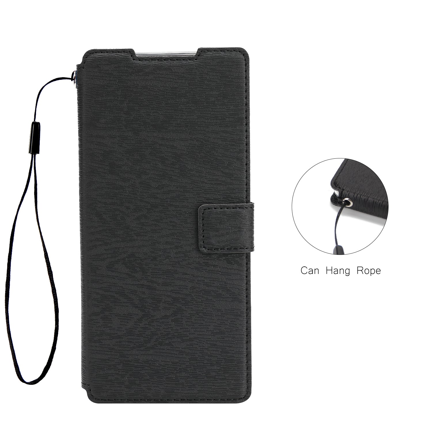 Wood Skin PU Leather Stand Card Slots TPU Casing with Hang Rope for Samsung Galaxy S20 Ultra - Black