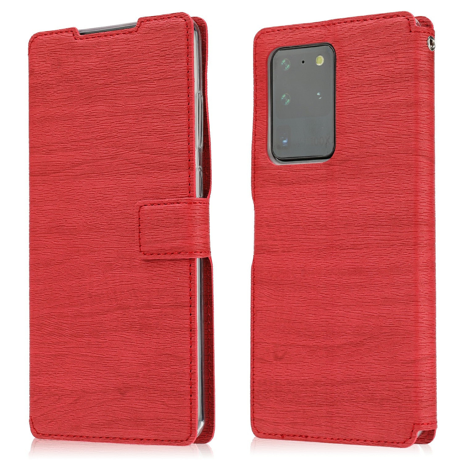 Wood Skin PU Leather Stand Card Slots TPU Casing with Hang Rope for Samsung Galaxy S20 Ultra - Red