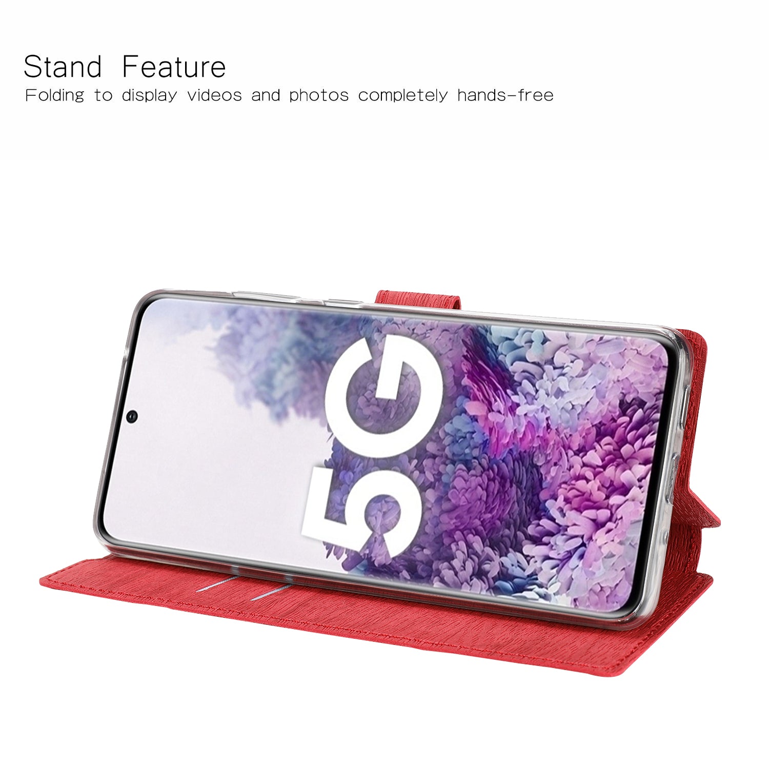 Wood Skin PU Leather Stand Card Slots TPU Casing with Hang Rope for Samsung Galaxy S20 Ultra - Red