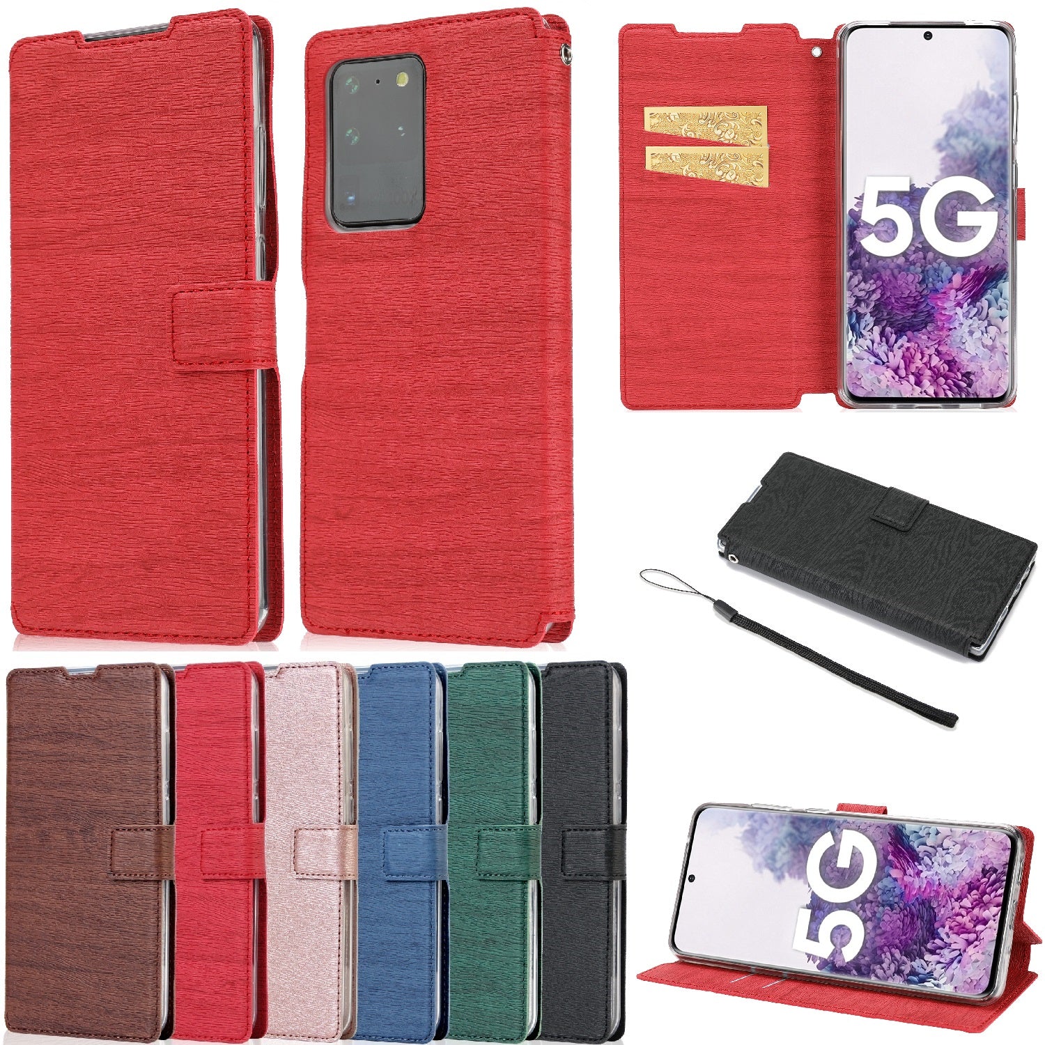 Wood Skin PU Leather Stand Card Slots TPU Casing with Hang Rope for Samsung Galaxy S20 Ultra - Red