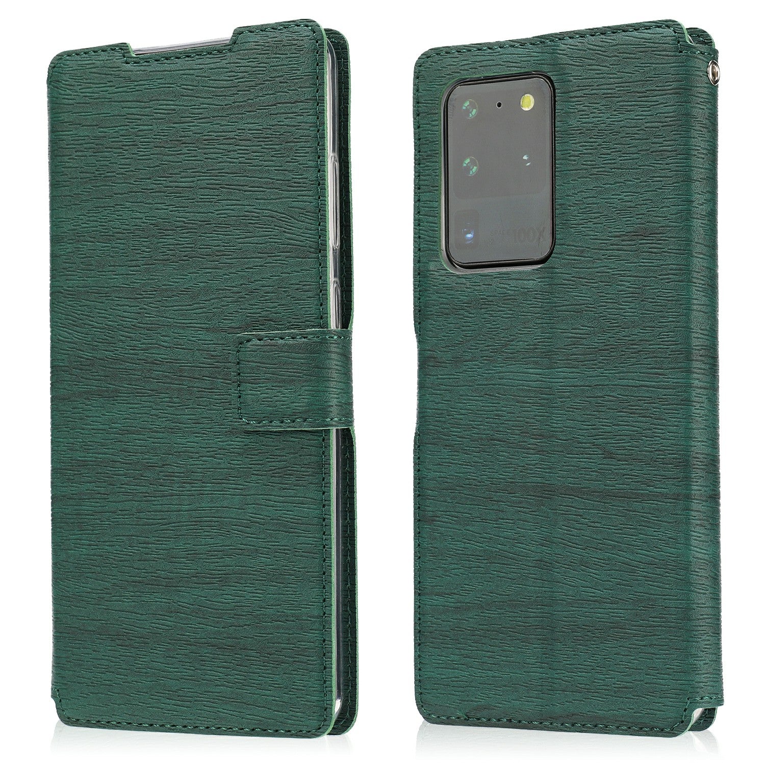 Wood Skin PU Leather Stand Card Slots TPU Casing with Hang Rope for Samsung Galaxy S20 Ultra - Green