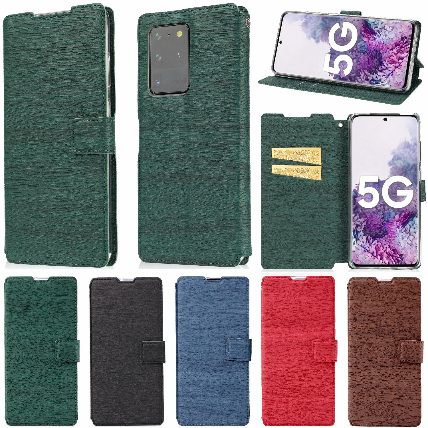 Wood Skin PU Leather Stand Card Slots TPU Casing with Hang Rope for Samsung Galaxy S20 Ultra - Green