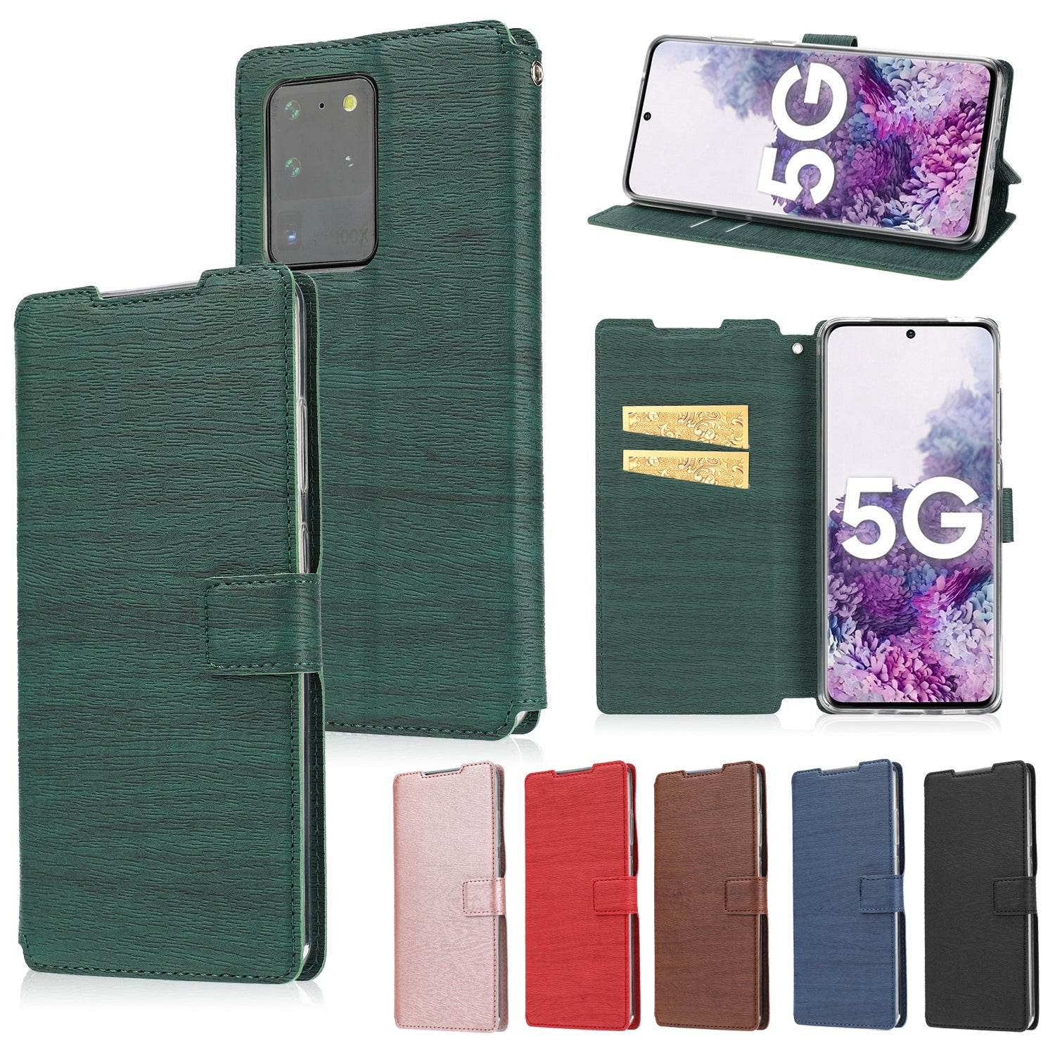 Wood Skin PU Leather Stand Card Slots TPU Casing with Hang Rope for Samsung Galaxy S20 Ultra - Green