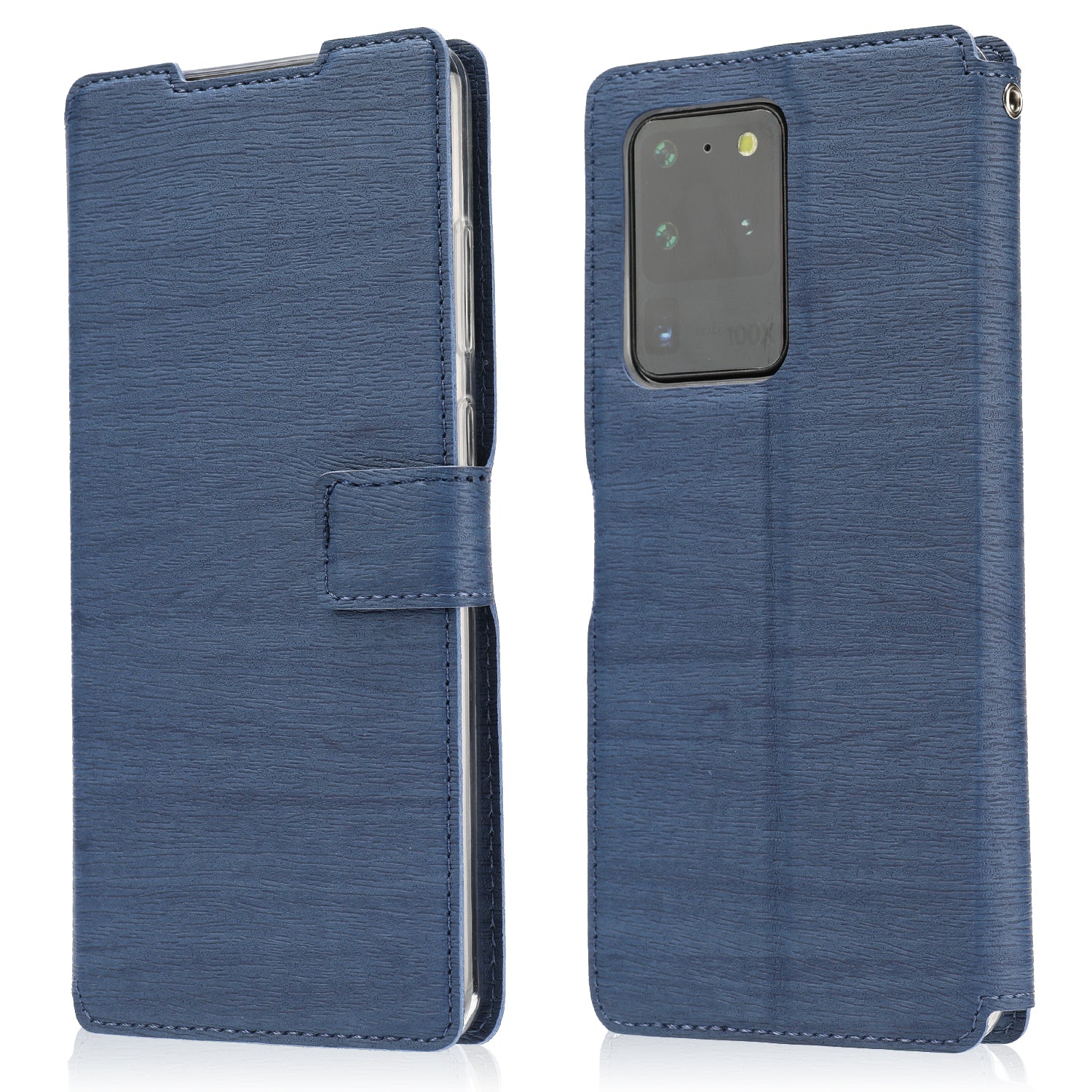 Wood Skin PU Leather Stand Card Slots TPU Casing with Hang Rope for Samsung Galaxy S20 Ultra - Blue