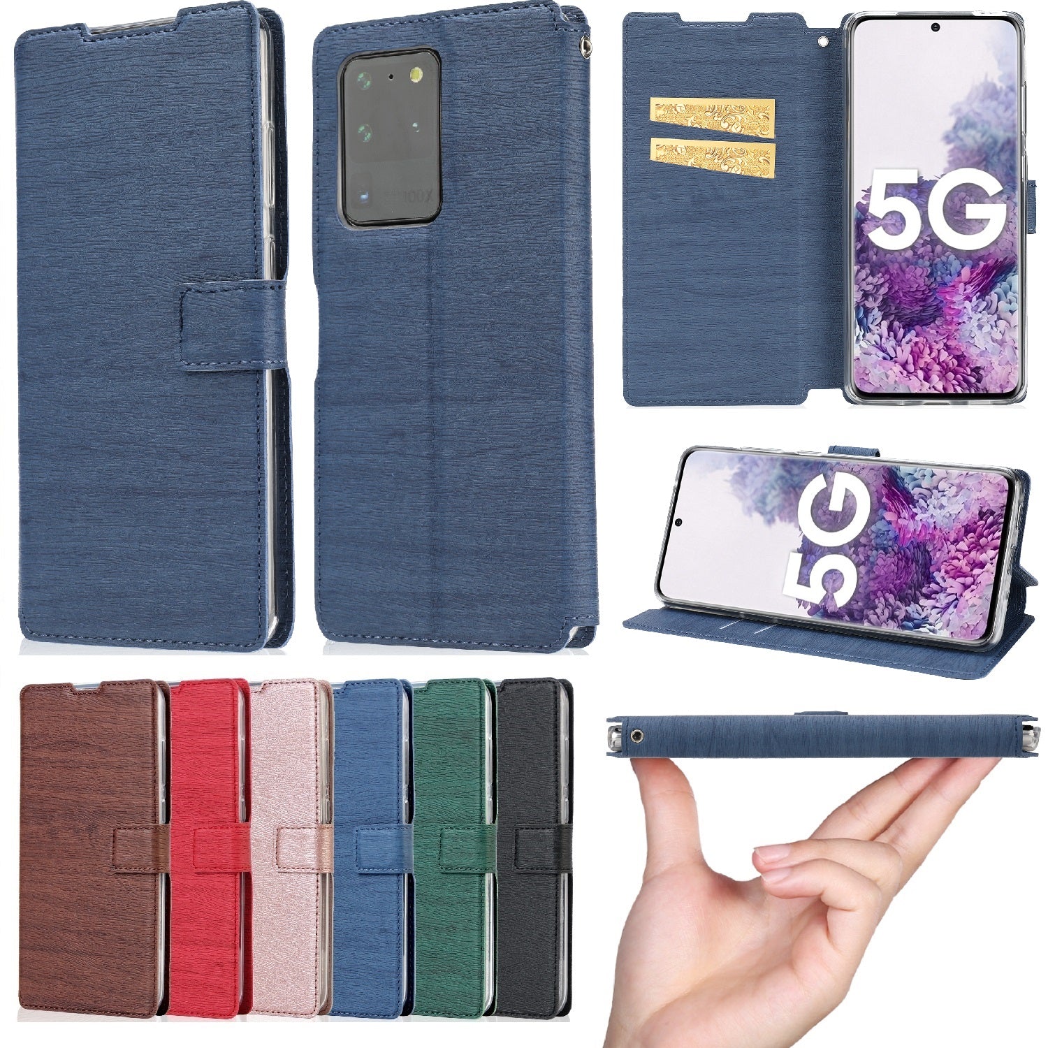 Wood Skin PU Leather Stand Card Slots TPU Casing with Hang Rope for Samsung Galaxy S20 Ultra - Blue