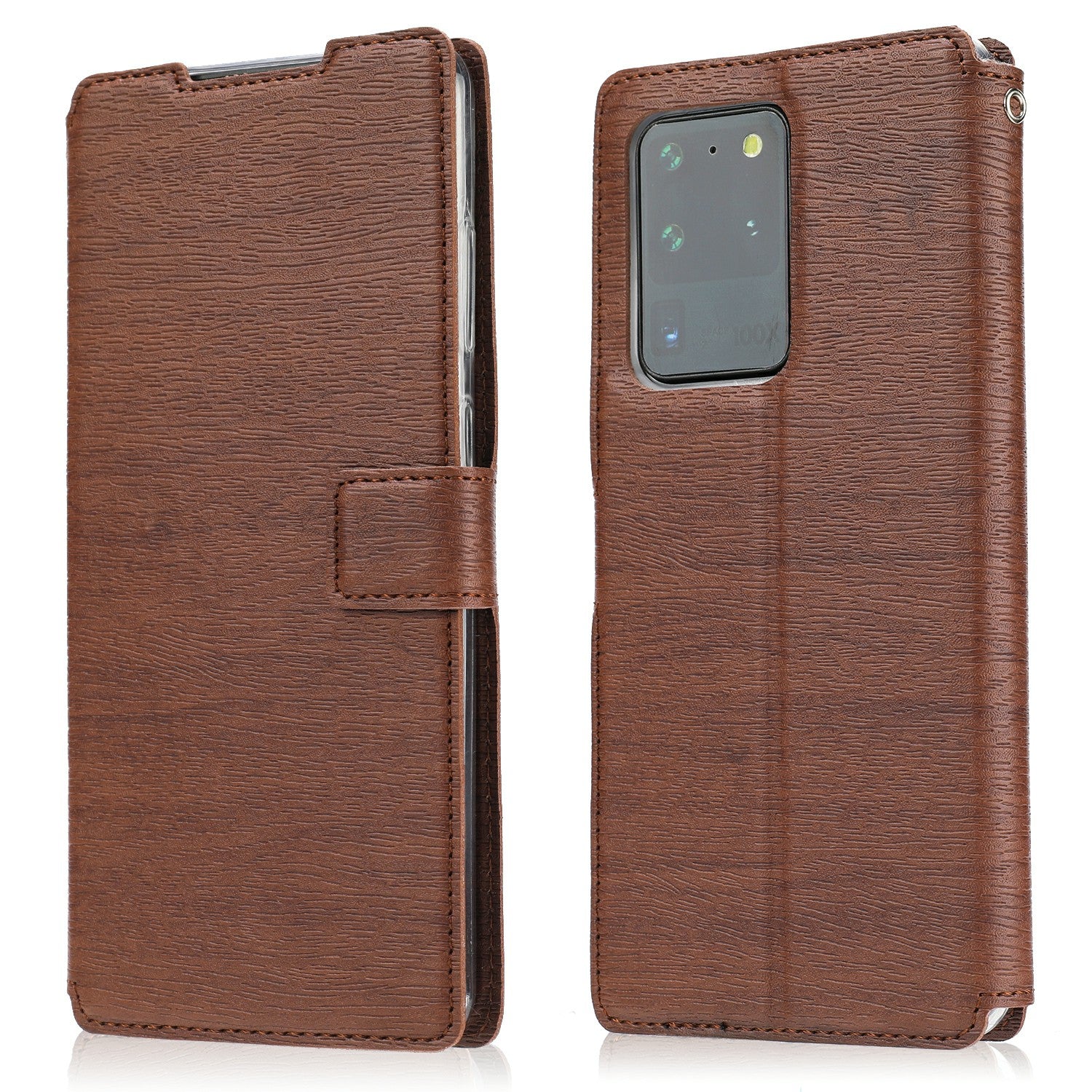 Wood Skin PU Leather Stand Card Slots TPU Casing with Hang Rope for Samsung Galaxy S20 Ultra - Brown