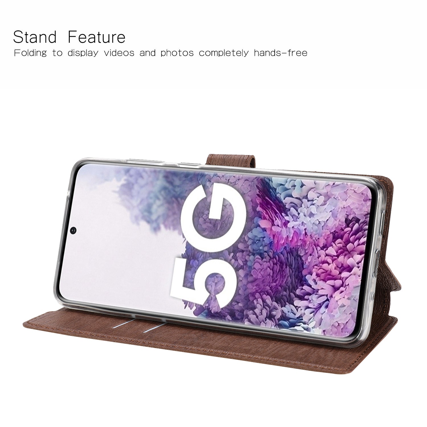 Wood Skin PU Leather Stand Card Slots TPU Casing with Hang Rope for Samsung Galaxy S20 Ultra - Brown