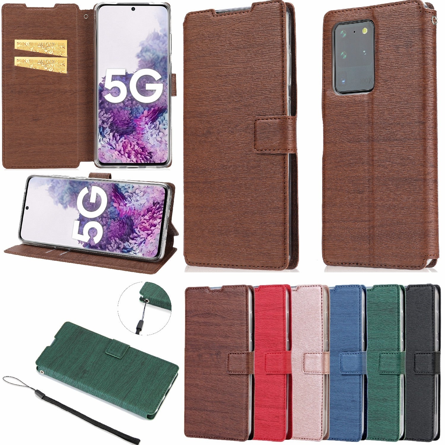 Wood Skin PU Leather Stand Card Slots TPU Casing with Hang Rope for Samsung Galaxy S20 Ultra - Brown