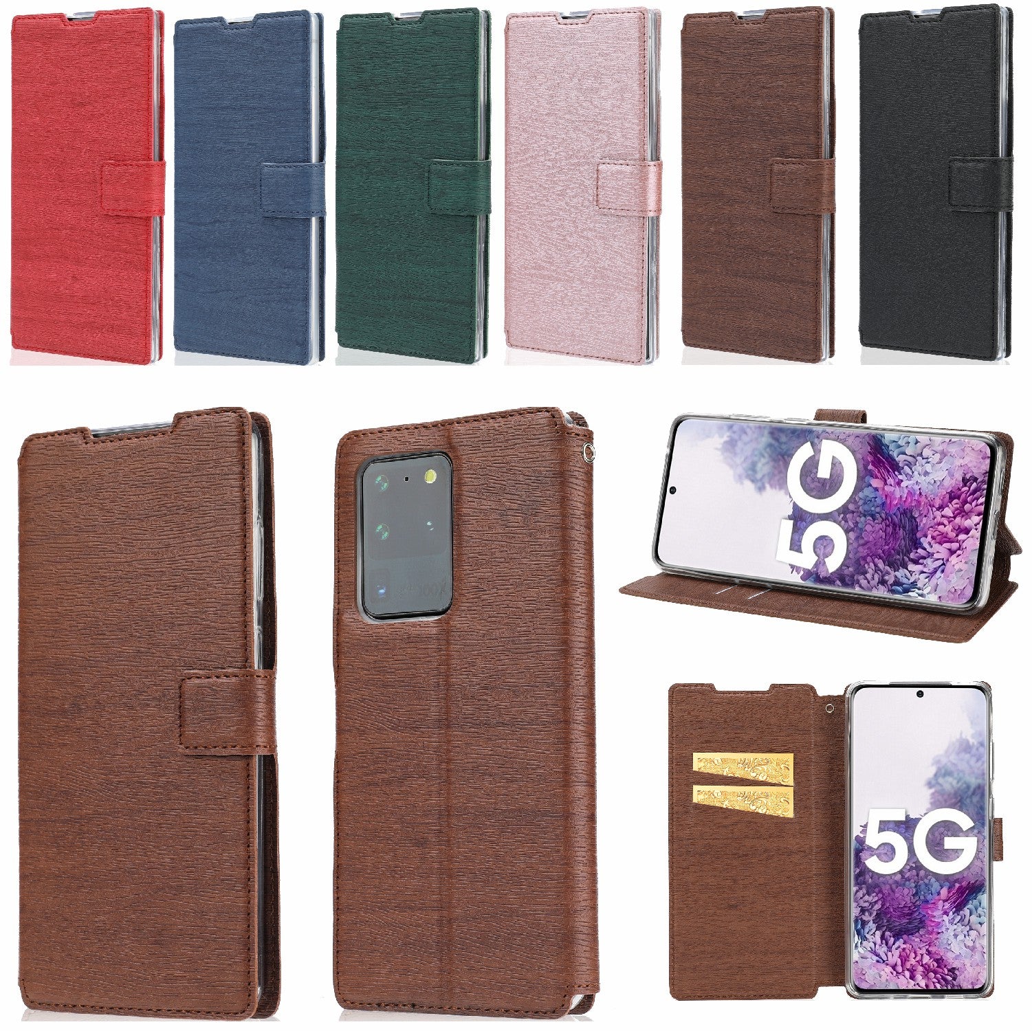 Wood Skin PU Leather Stand Card Slots TPU Casing with Hang Rope for Samsung Galaxy S20 Ultra - Brown