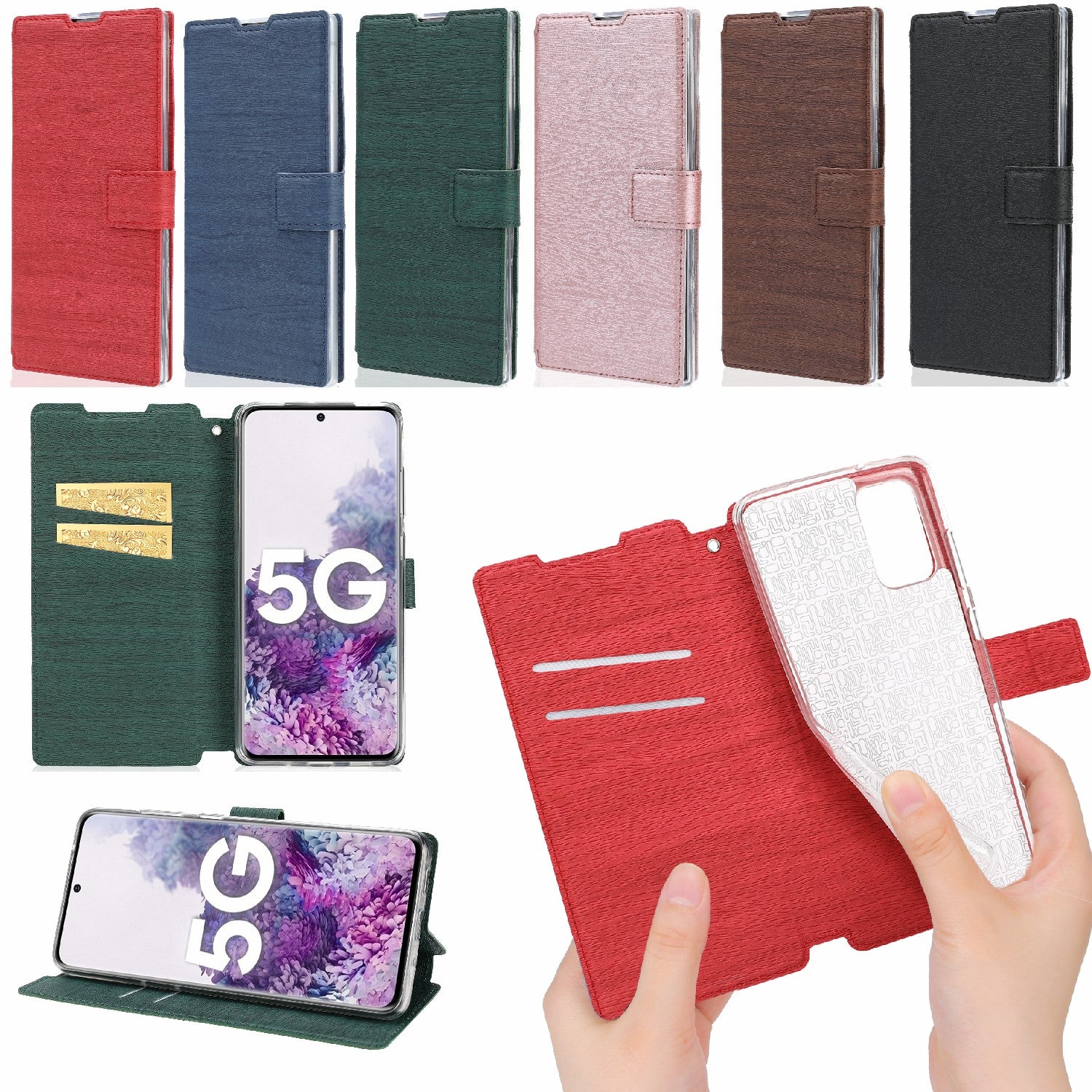 Wood Surface Leather Wallet Stand Case Cover for Samsung Galaxy S20 4G/S20 5G - Red