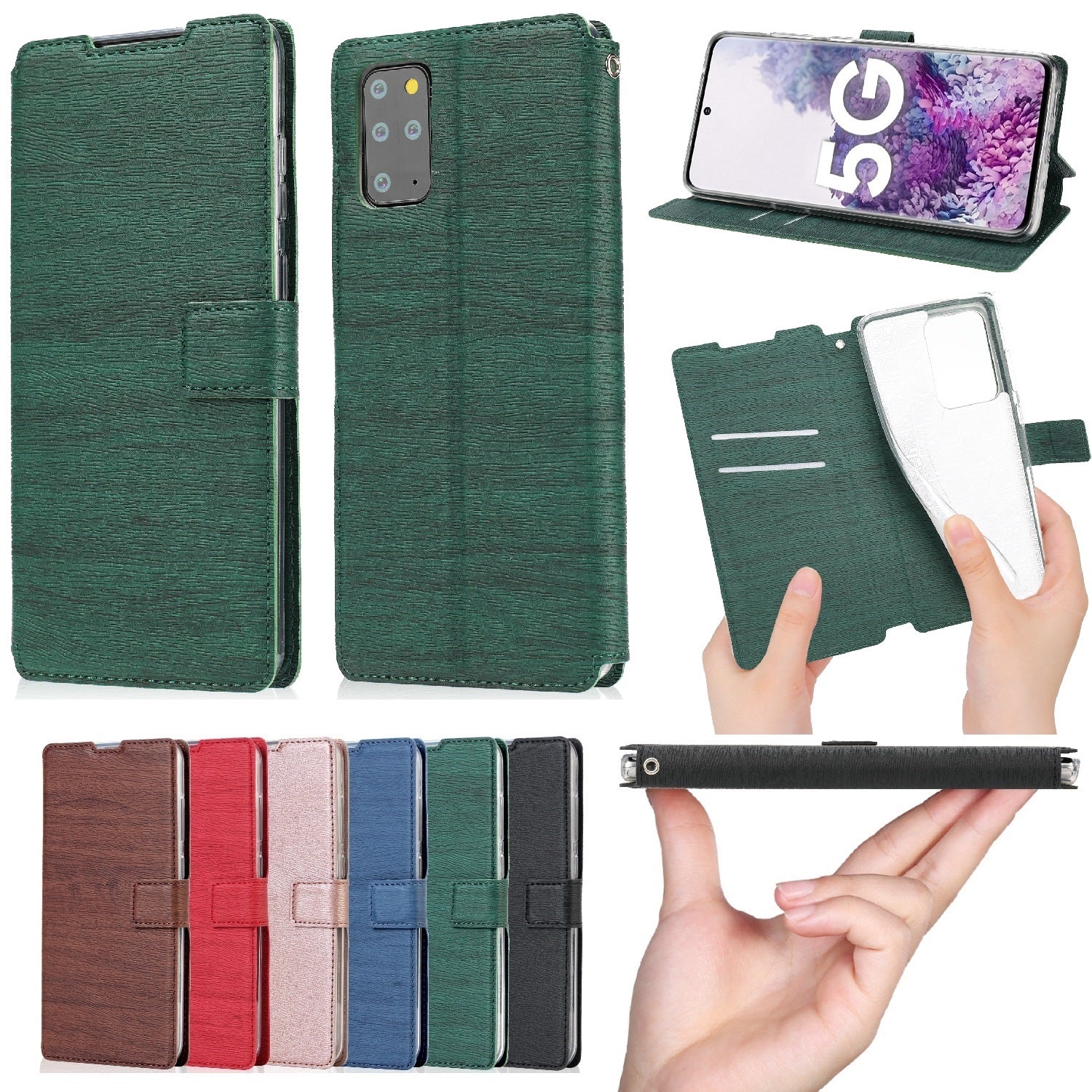 Wood Surface Leather Wallet Stand Case Cover for Samsung Galaxy S20 4G/S20 5G - Green