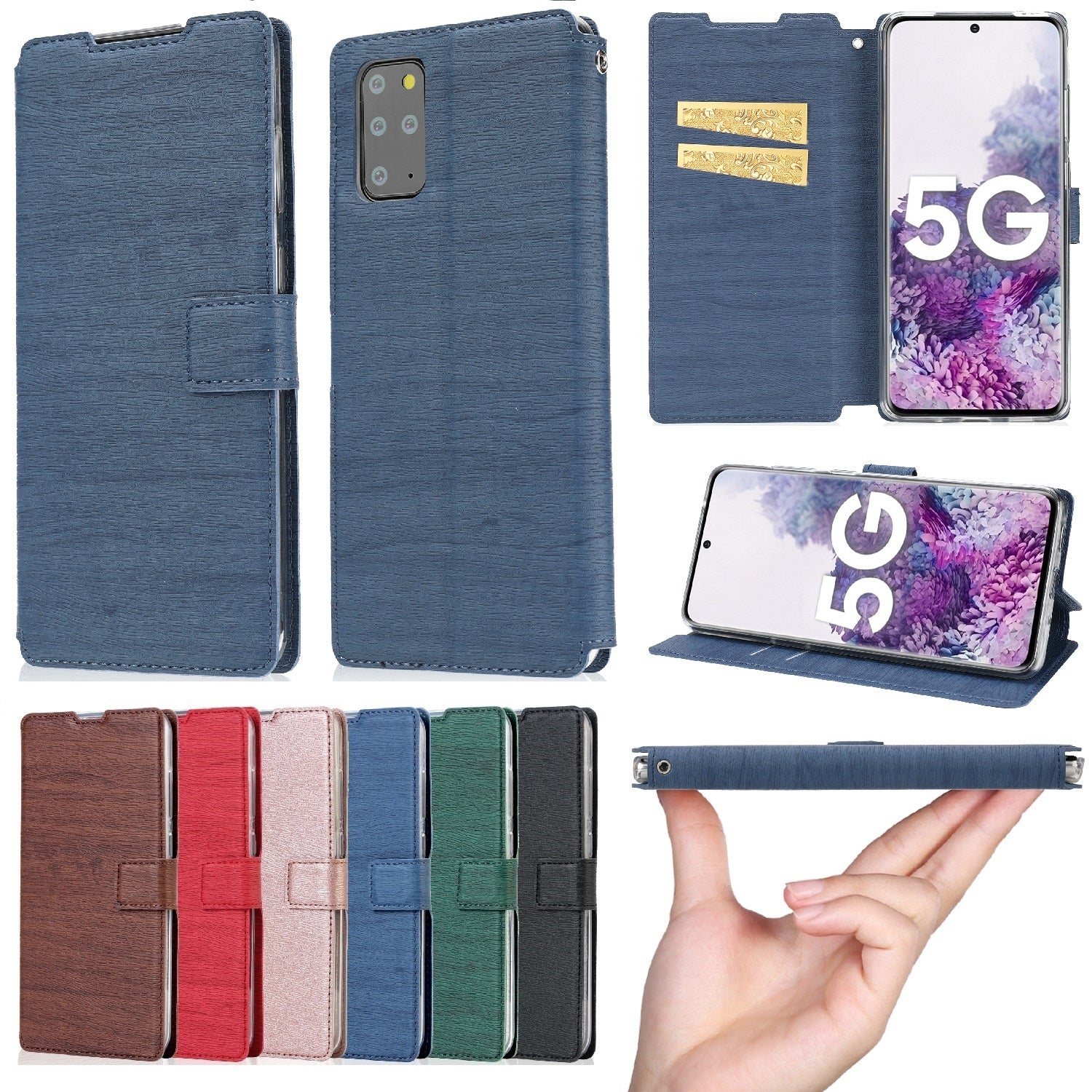 Wood Surface Leather Wallet Stand Case Cover for Samsung Galaxy S20 4G/S20 5G - Blue