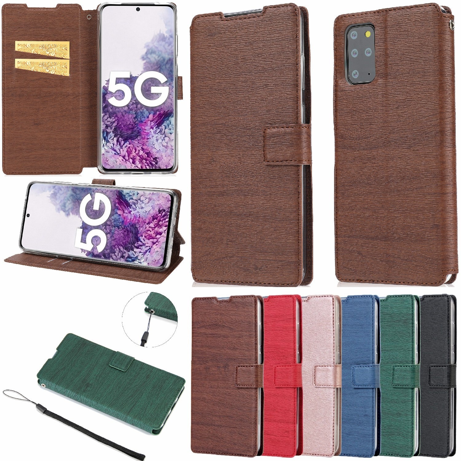 Wood Surface Leather Wallet Stand Case Cover for Samsung Galaxy S20 4G/S20 5G - Brown