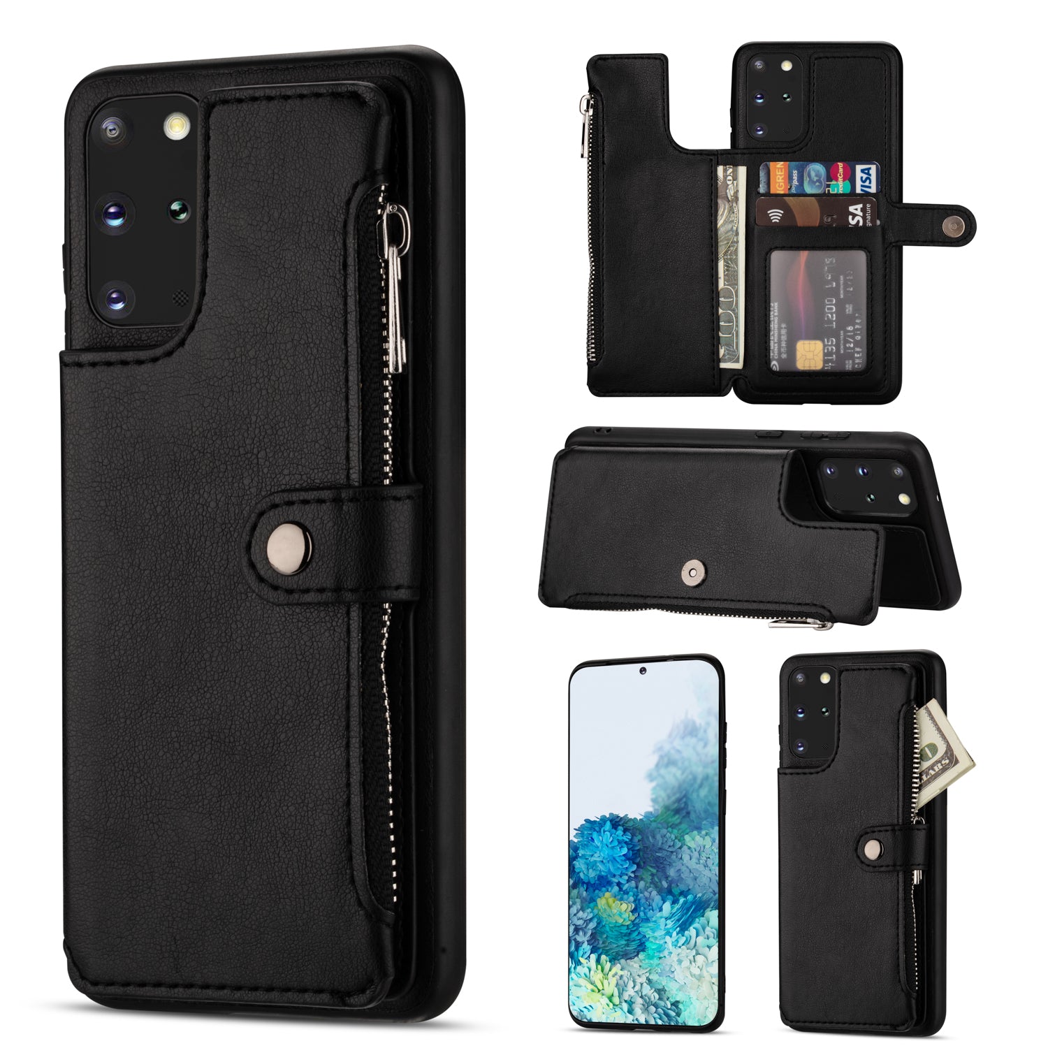 Kickstand Design PU Leather+TPU Phone Back Case with Card Slots and Zipper Pocket for Samsung Galaxy S20 4G/S20 5G - Black