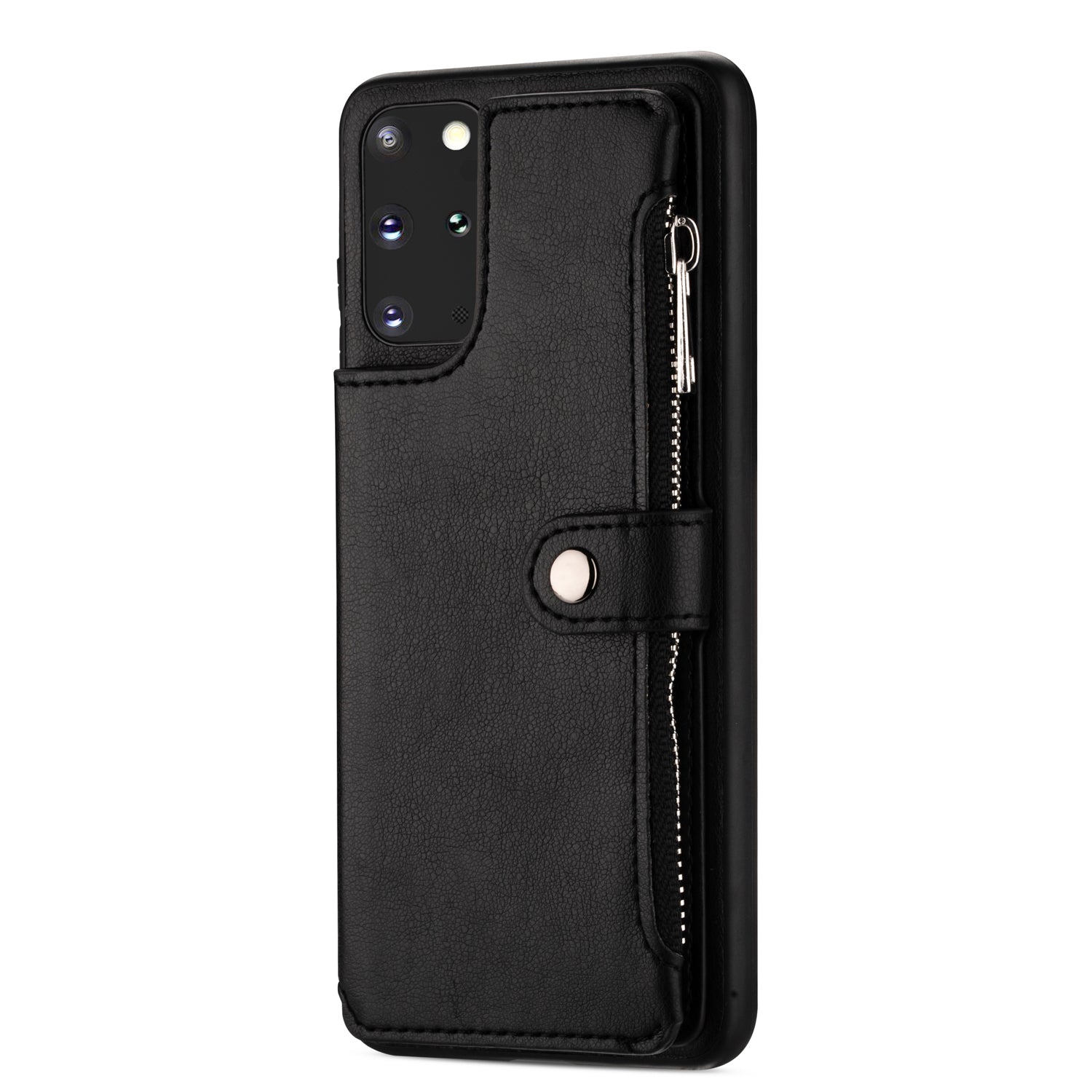 Kickstand Design PU Leather+TPU Phone Back Case with Card Slots and Zipper Pocket for Samsung Galaxy S20 4G/S20 5G - Black