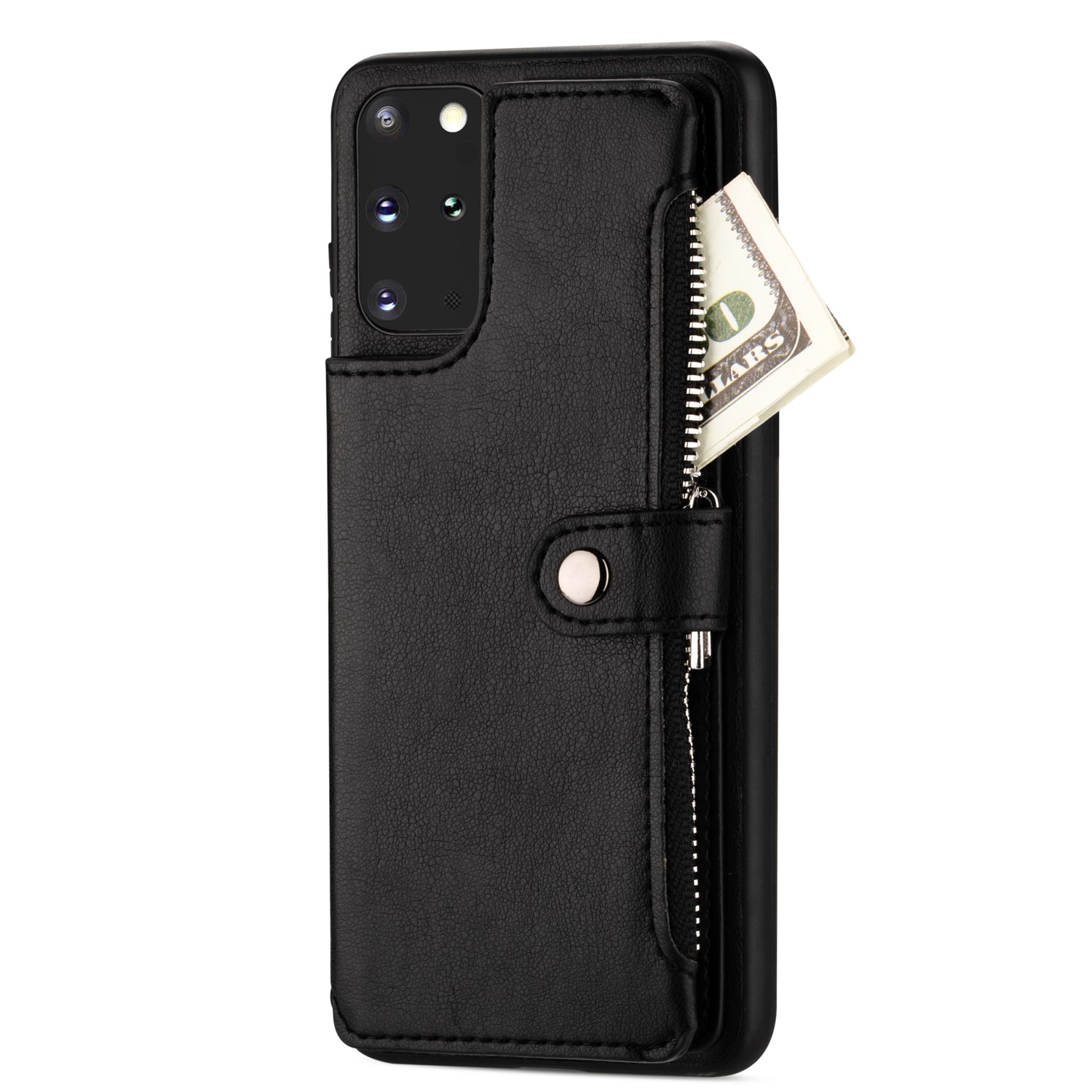 Kickstand Design PU Leather+TPU Phone Back Case with Card Slots and Zipper Pocket for Samsung Galaxy S20 4G/S20 5G - Black