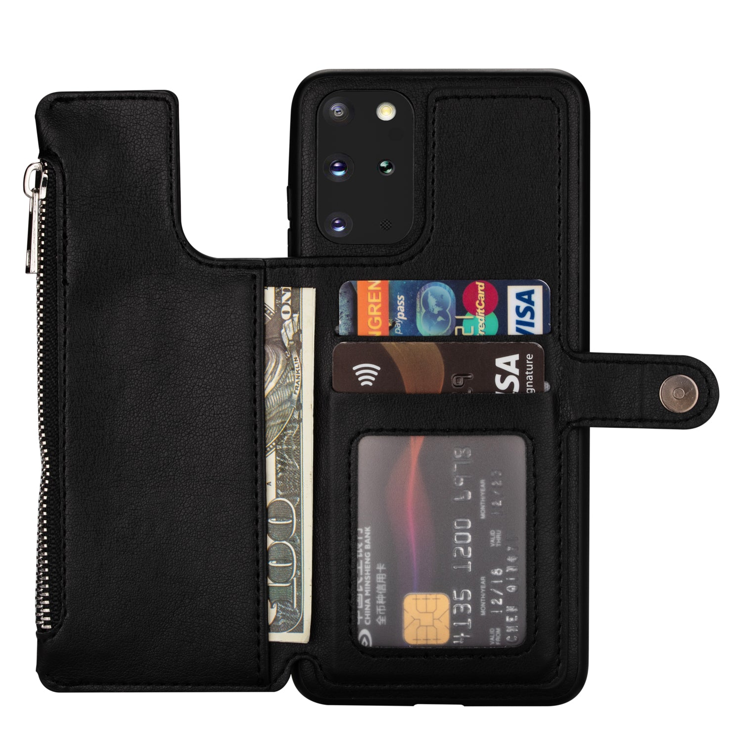 Kickstand Design PU Leather+TPU Phone Back Case with Card Slots and Zipper Pocket for Samsung Galaxy S20 4G/S20 5G - Black