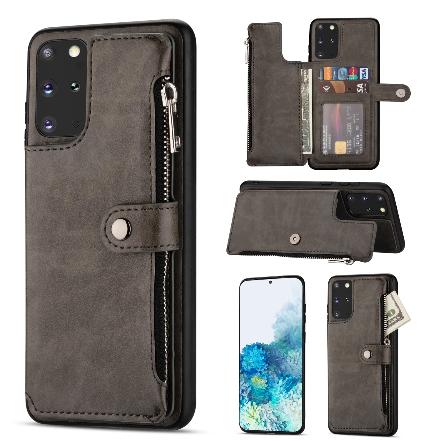 Kickstand Design PU Leather+TPU Phone Back Case with Card Slots and Zipper Pocket for Samsung Galaxy S20 4G/S20 5G - Grey