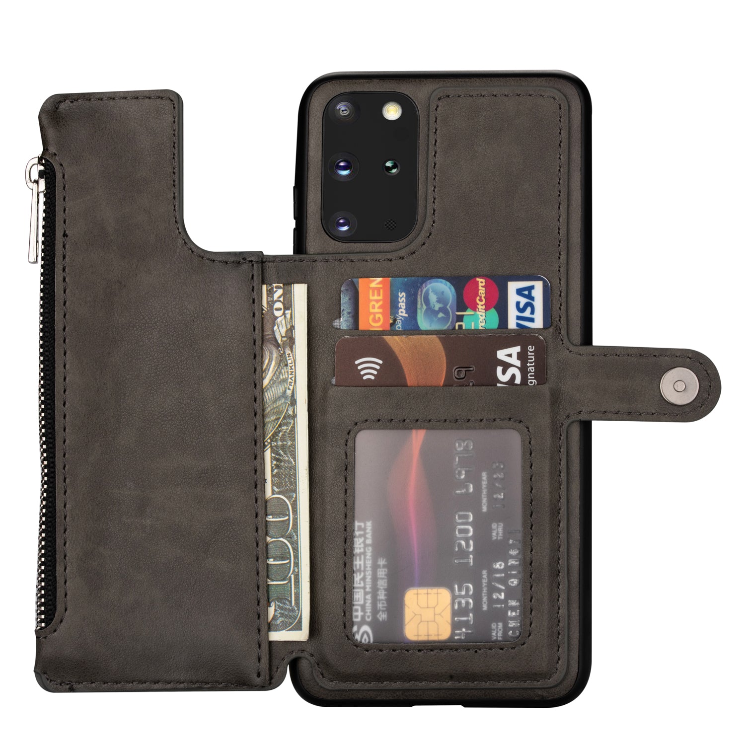 Kickstand Design PU Leather+TPU Phone Back Case with Card Slots and Zipper Pocket for Samsung Galaxy S20 4G/S20 5G - Grey