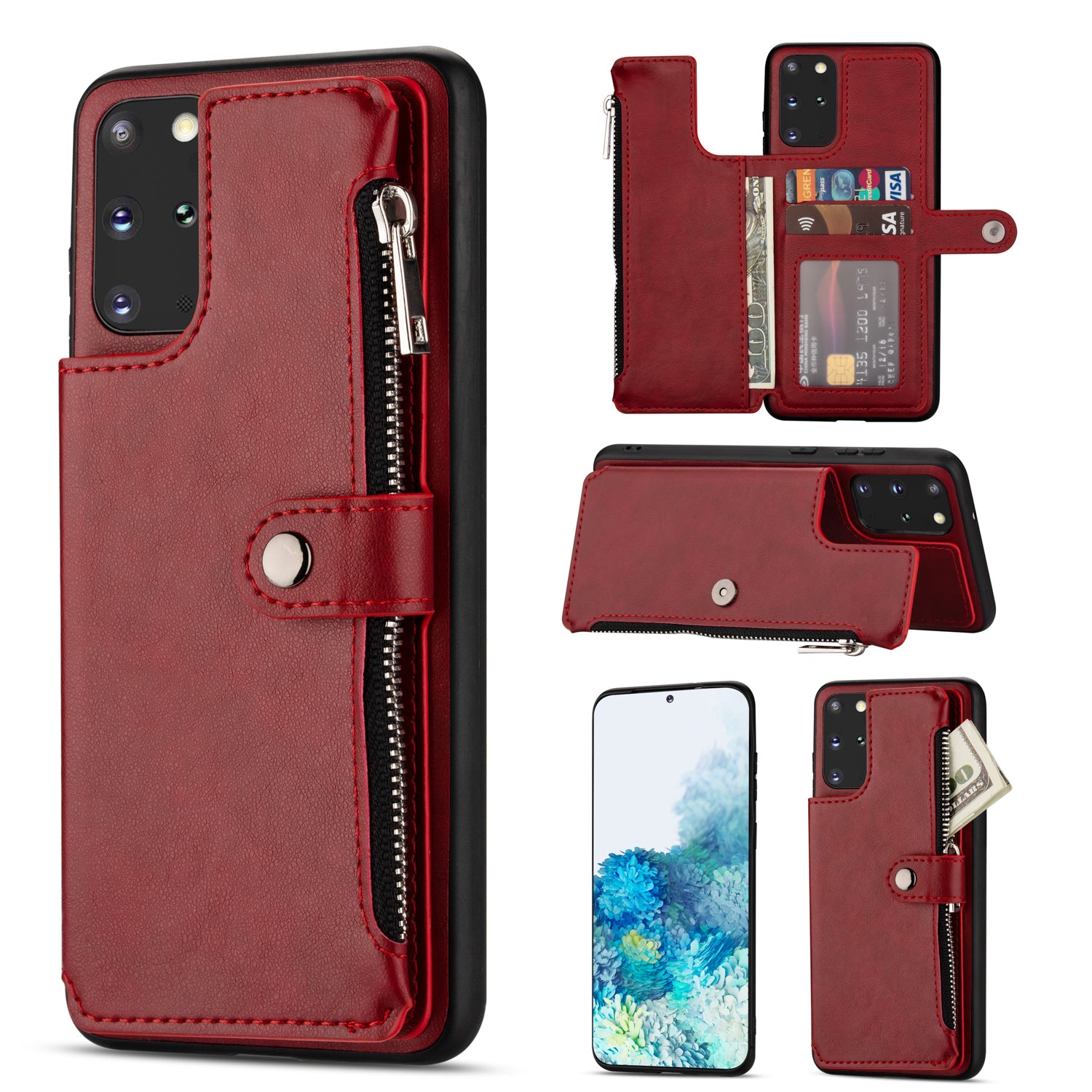 Kickstand Design PU Leather+TPU Phone Back Case with Card Slots and Zipper Pocket for Samsung Galaxy S20 4G/S20 5G - Red