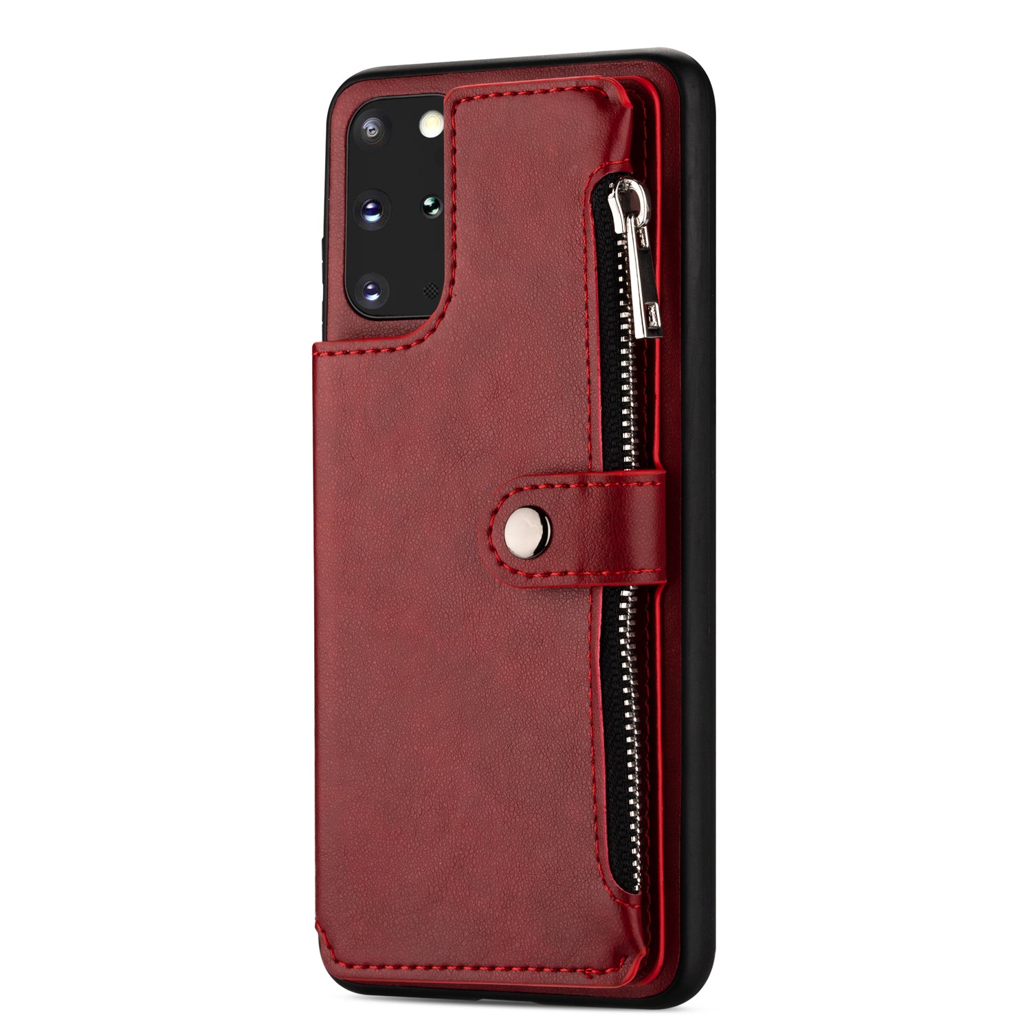 Kickstand Design PU Leather+TPU Phone Back Case with Card Slots and Zipper Pocket for Samsung Galaxy S20 4G/S20 5G - Red