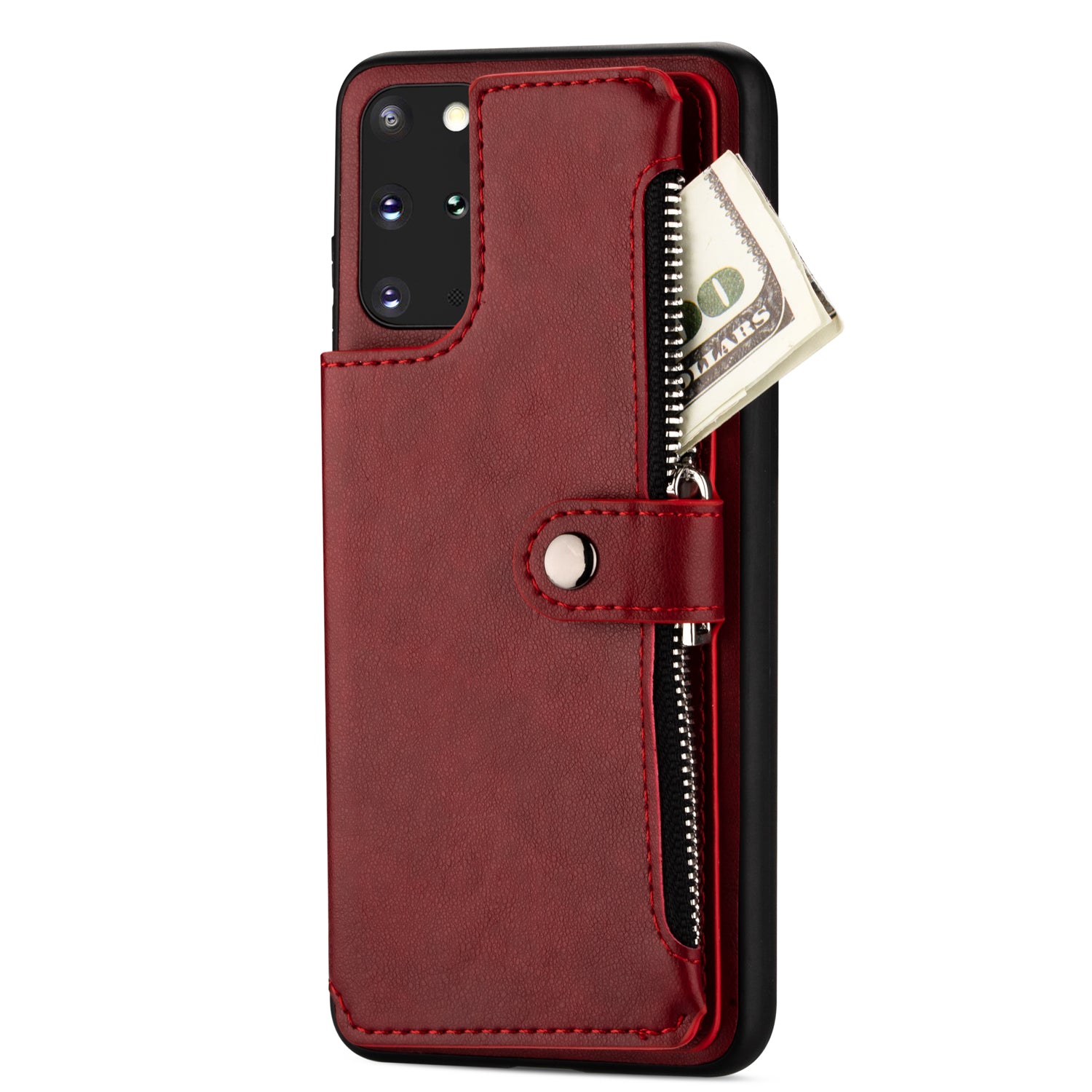 Kickstand Design PU Leather+TPU Phone Back Case with Card Slots and Zipper Pocket for Samsung Galaxy S20 4G/S20 5G - Red