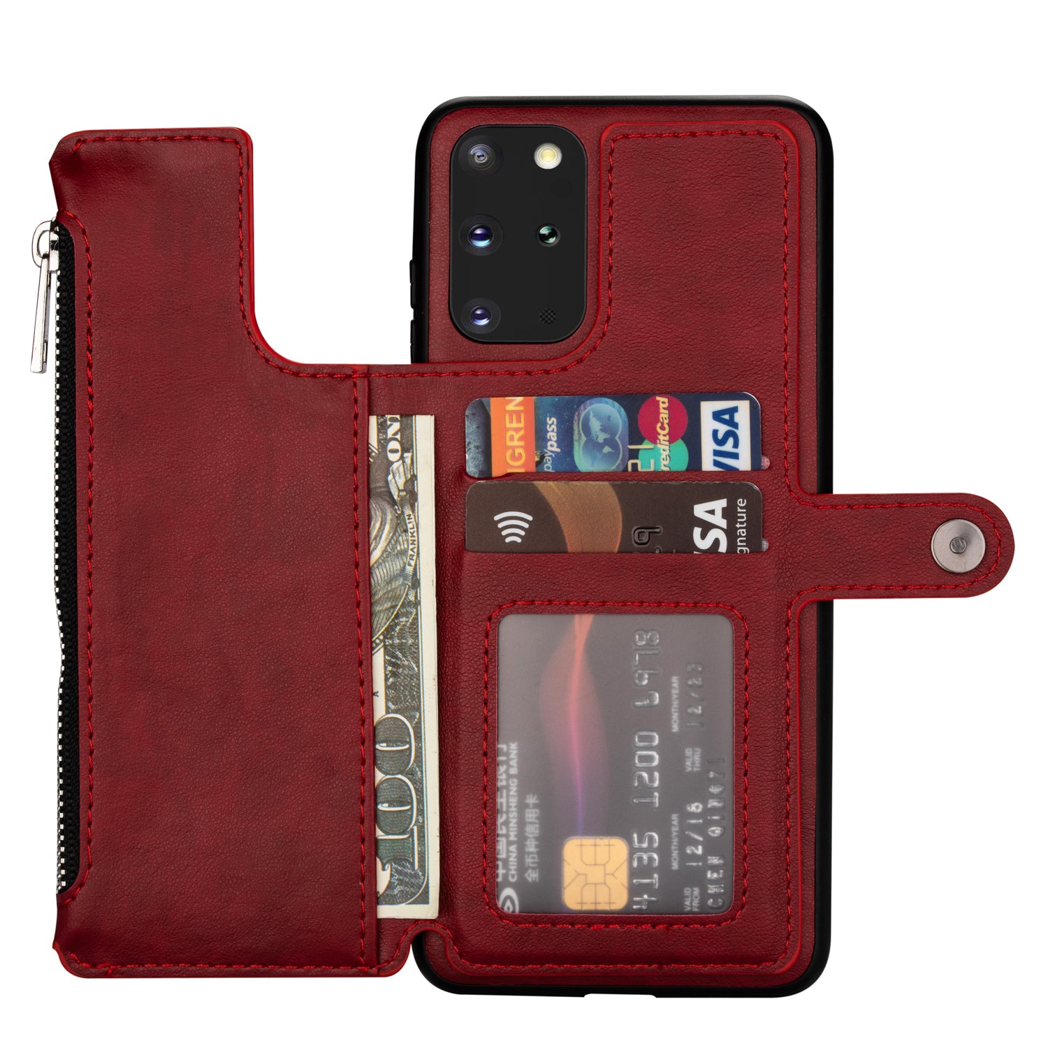 Kickstand Design PU Leather+TPU Phone Back Case with Card Slots and Zipper Pocket for Samsung Galaxy S20 4G/S20 5G - Red