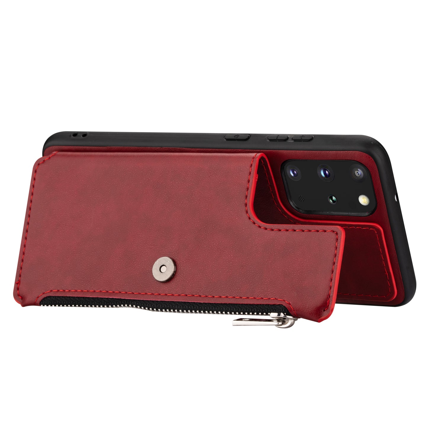 Kickstand Design PU Leather+TPU Phone Back Case with Card Slots and Zipper Pocket for Samsung Galaxy S20 4G/S20 5G - Red