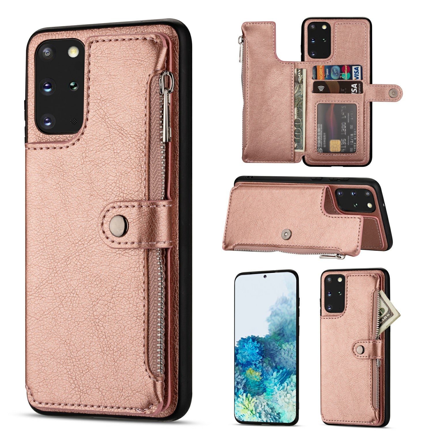 Kickstand Design PU Leather+TPU Phone Back Case with Card Slots and Zipper Pocket for Samsung Galaxy S20 4G/S20 5G - Rose Gold