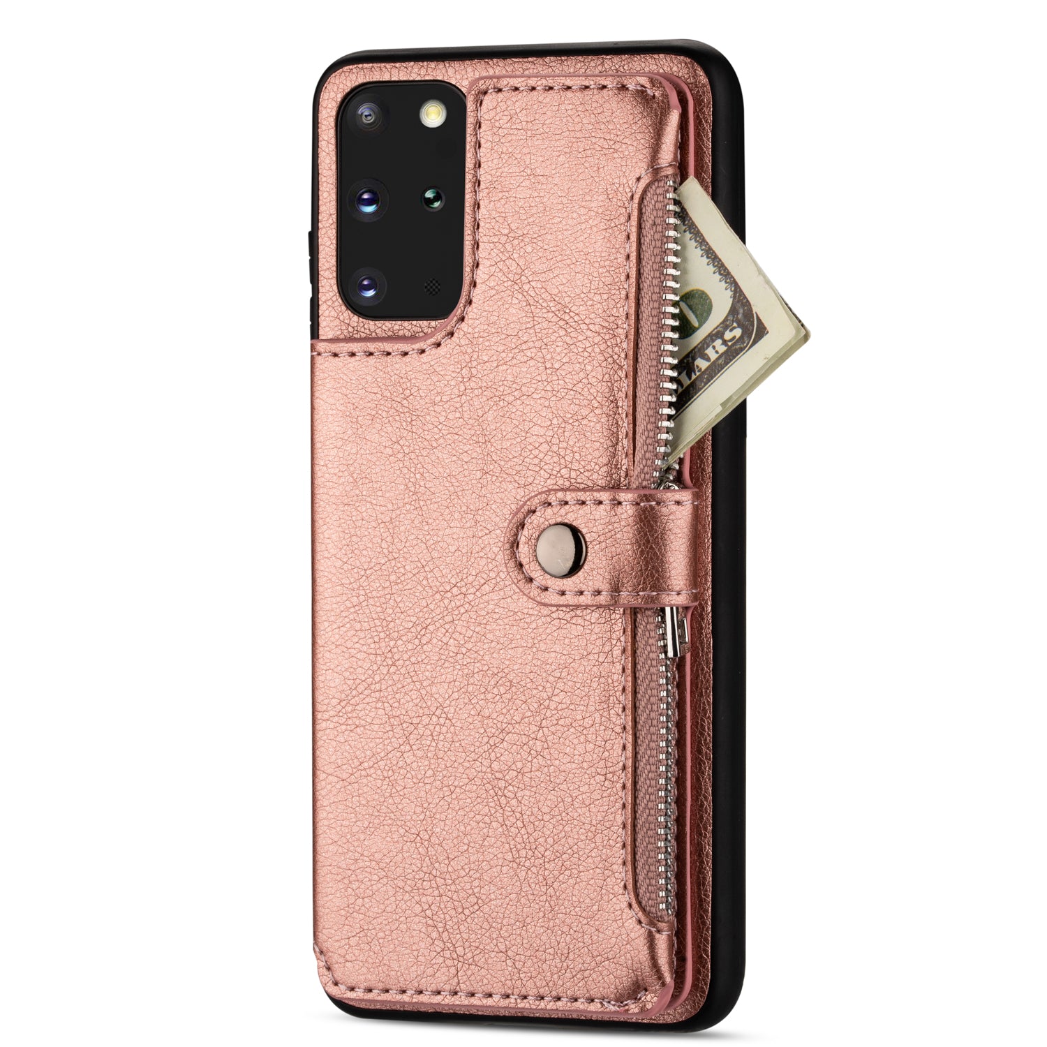 Kickstand Design PU Leather+TPU Phone Back Case with Card Slots and Zipper Pocket for Samsung Galaxy S20 4G/S20 5G - Rose Gold