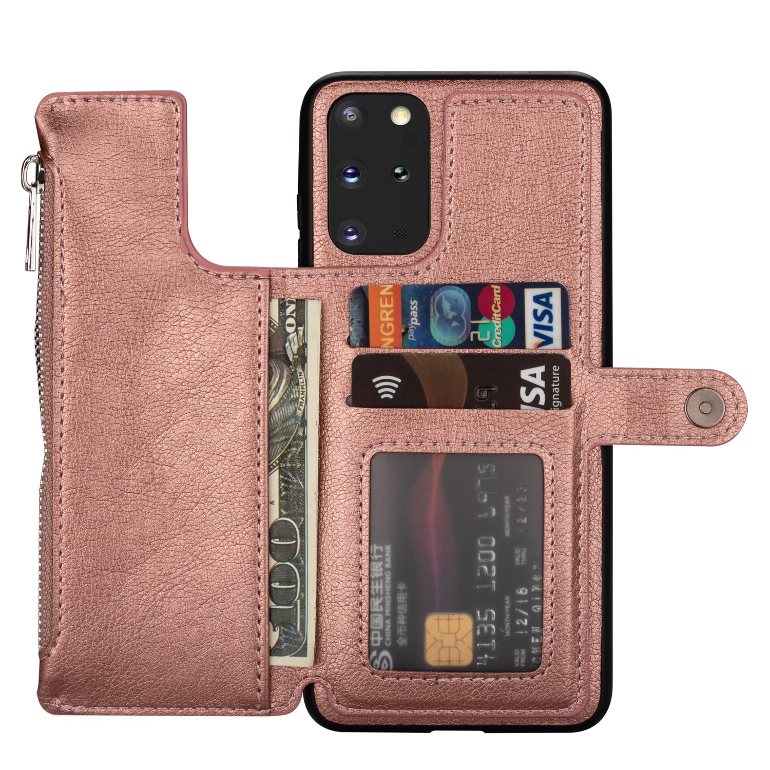 Kickstand Design PU Leather+TPU Phone Back Case with Card Slots and Zipper Pocket for Samsung Galaxy S20 4G/S20 5G - Rose Gold