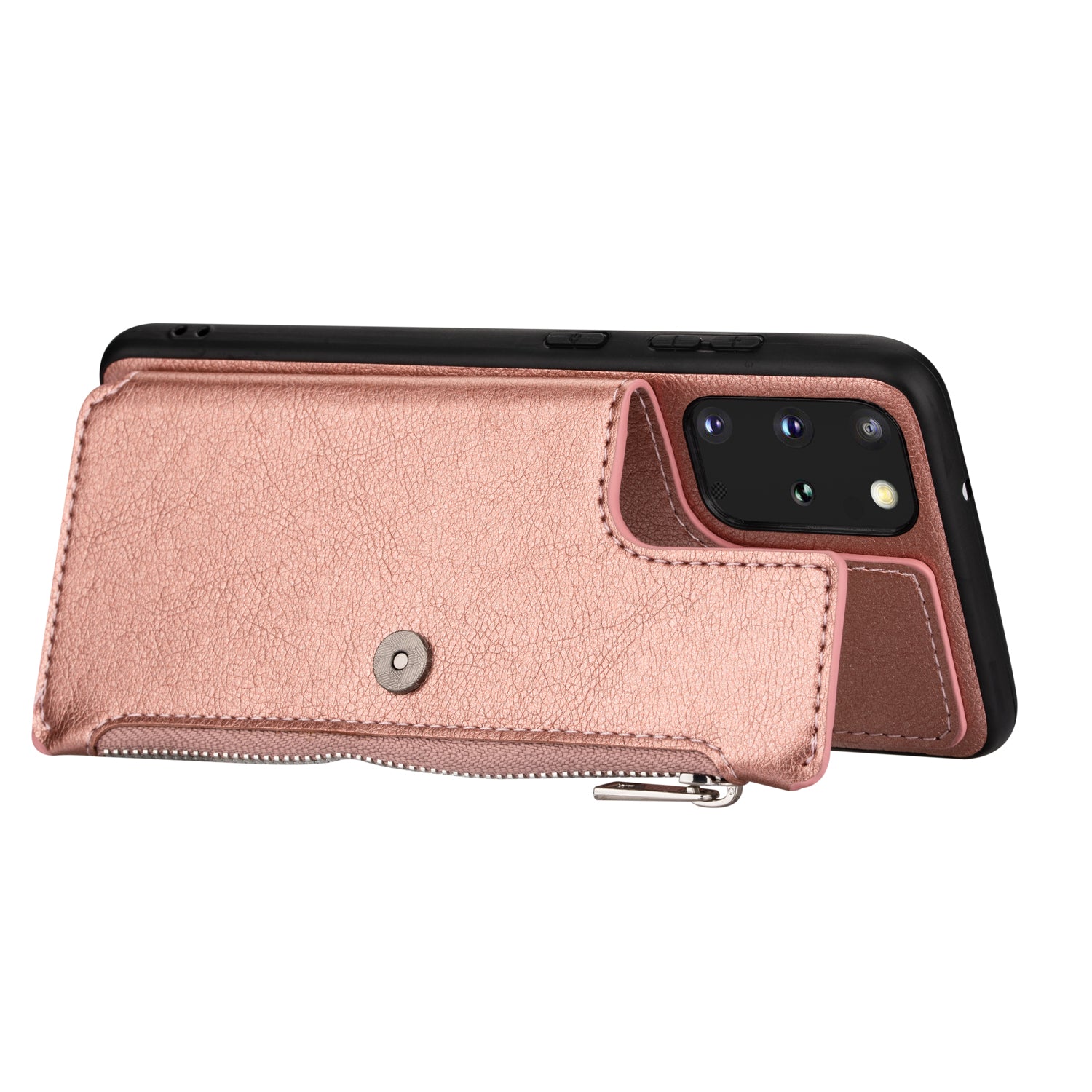 Kickstand Design PU Leather+TPU Phone Back Case with Card Slots and Zipper Pocket for Samsung Galaxy S20 4G/S20 5G - Rose Gold