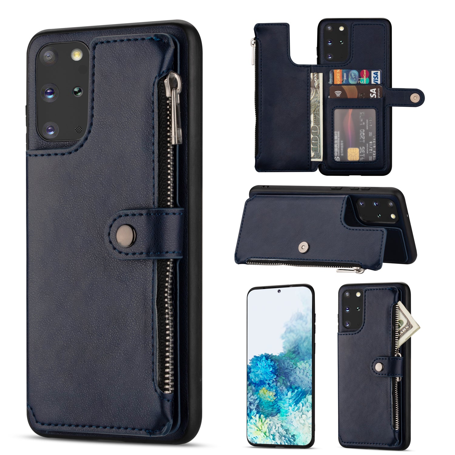 Kickstand Design PU Leather+TPU Phone Back Case with Card Slots and Zipper Pocket for Samsung Galaxy S20 4G/S20 5G - Blue