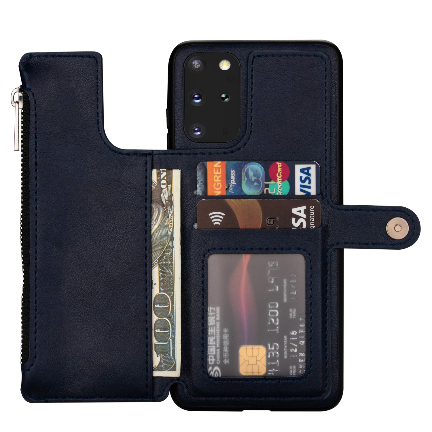 Kickstand Design PU Leather+TPU Phone Back Case with Card Slots and Zipper Pocket for Samsung Galaxy S20 4G/S20 5G - Blue