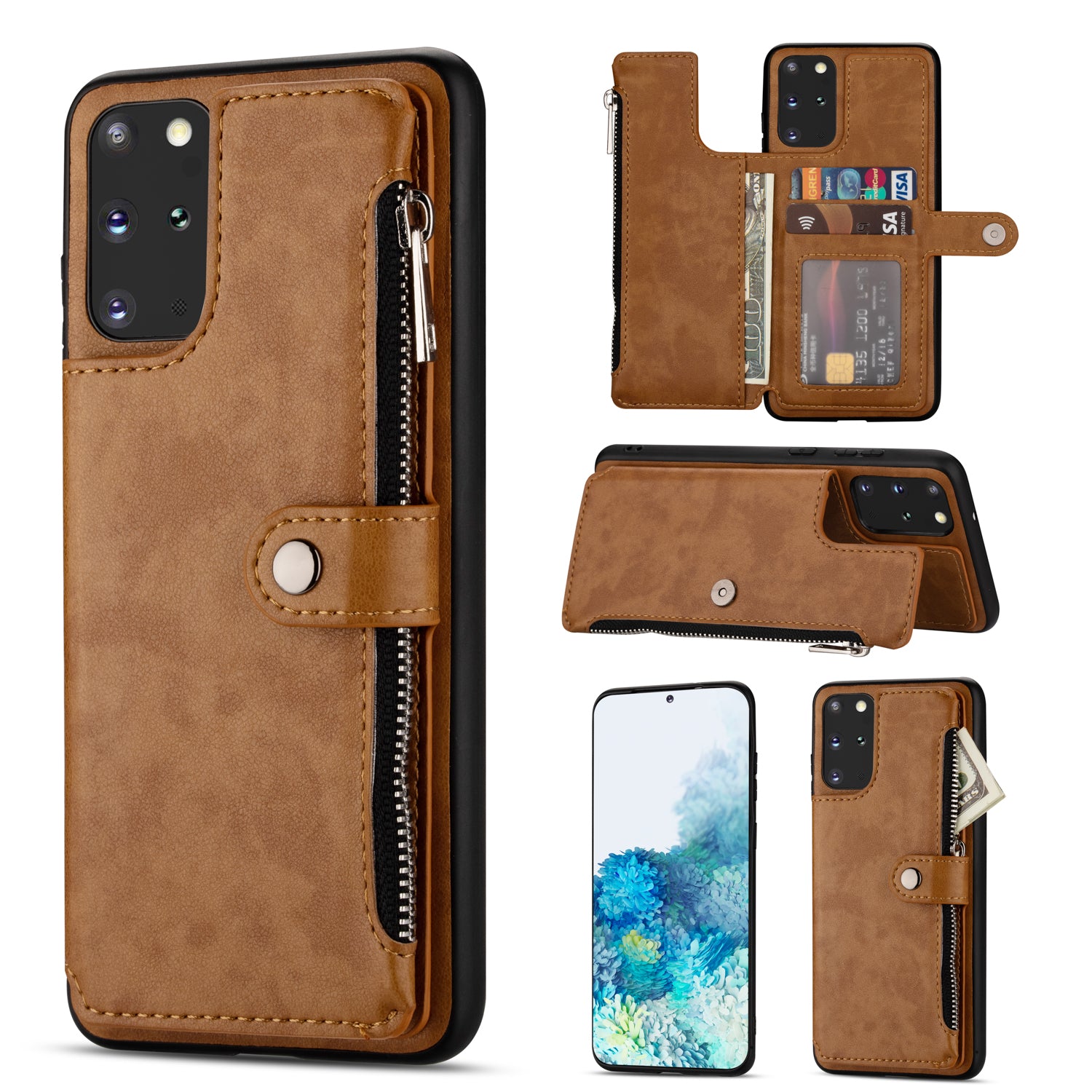 Kickstand Design PU Leather+TPU Phone Back Case with Card Slots and Zipper Pocket for Samsung Galaxy S20 4G/S20 5G - Brown