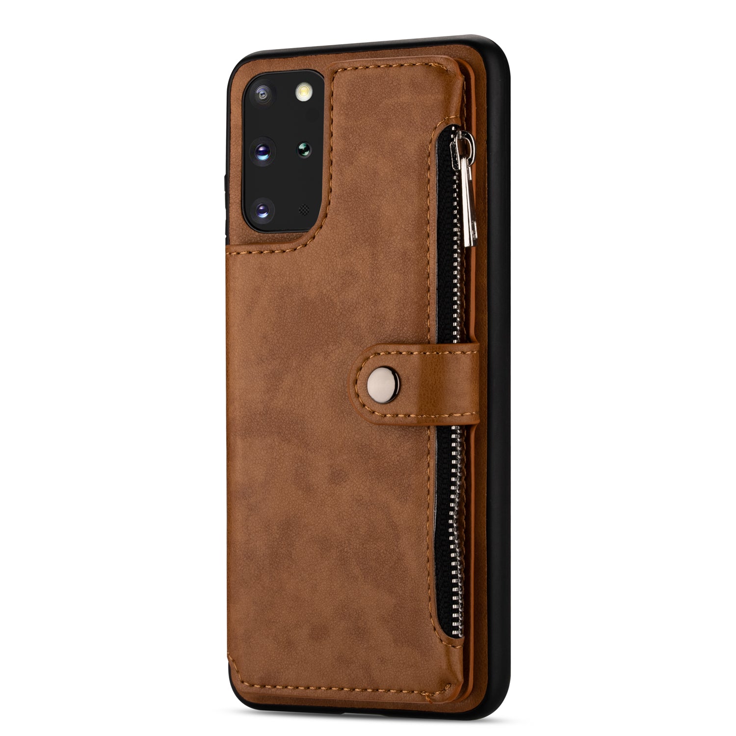 Kickstand Design PU Leather+TPU Phone Back Case with Card Slots and Zipper Pocket for Samsung Galaxy S20 4G/S20 5G - Brown