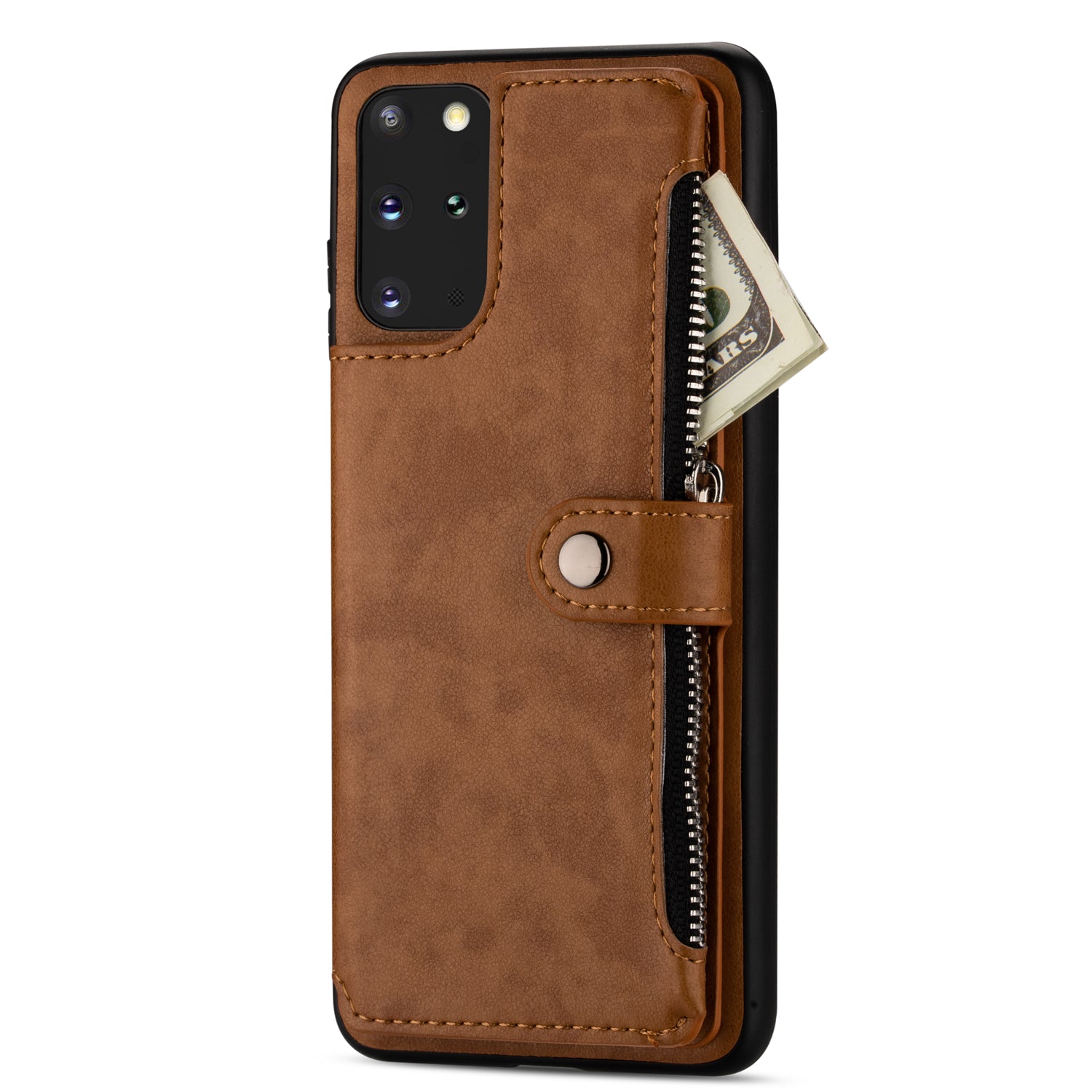 Kickstand Design PU Leather+TPU Phone Back Case with Card Slots and Zipper Pocket for Samsung Galaxy S20 4G/S20 5G - Brown