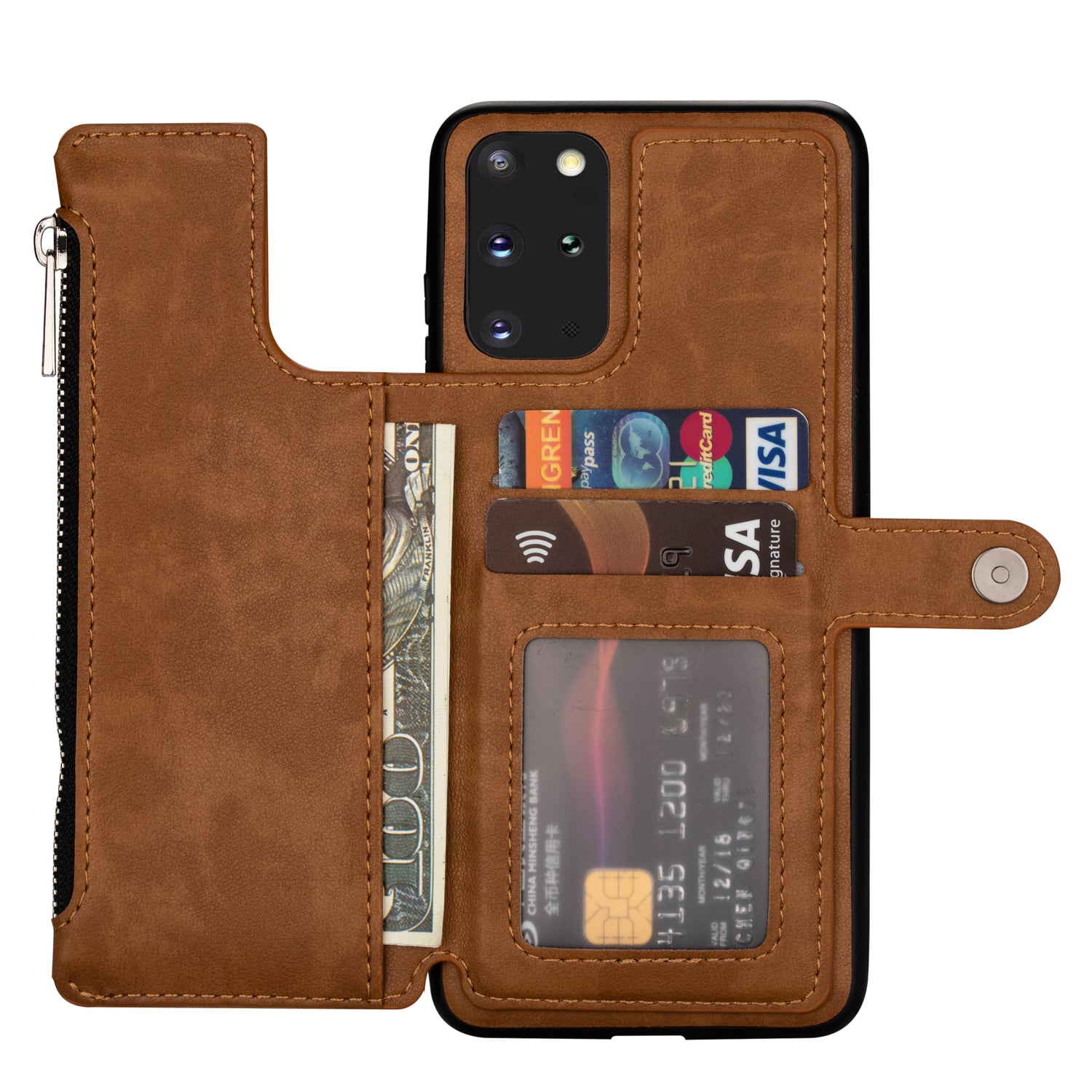 Kickstand Design PU Leather+TPU Phone Back Case with Card Slots and Zipper Pocket for Samsung Galaxy S20 4G/S20 5G - Brown