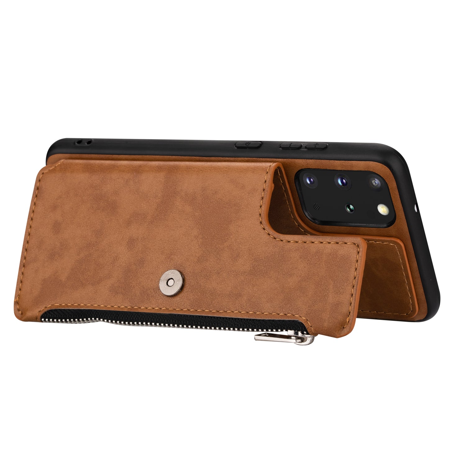 Kickstand Design PU Leather+TPU Phone Back Case with Card Slots and Zipper Pocket for Samsung Galaxy S20 4G/S20 5G - Brown