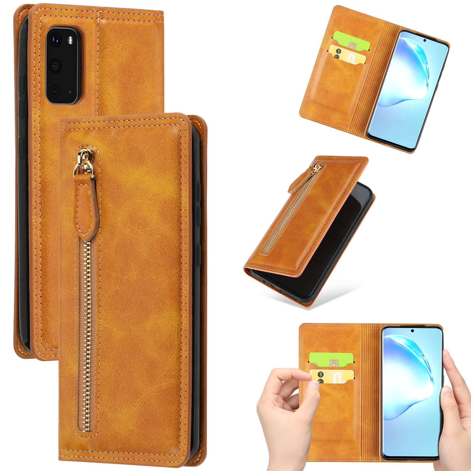 Zipper Pocket Wallet Leather Phone Cover Casing for Samsung Galaxy S20 4G/S20 5G - Brown