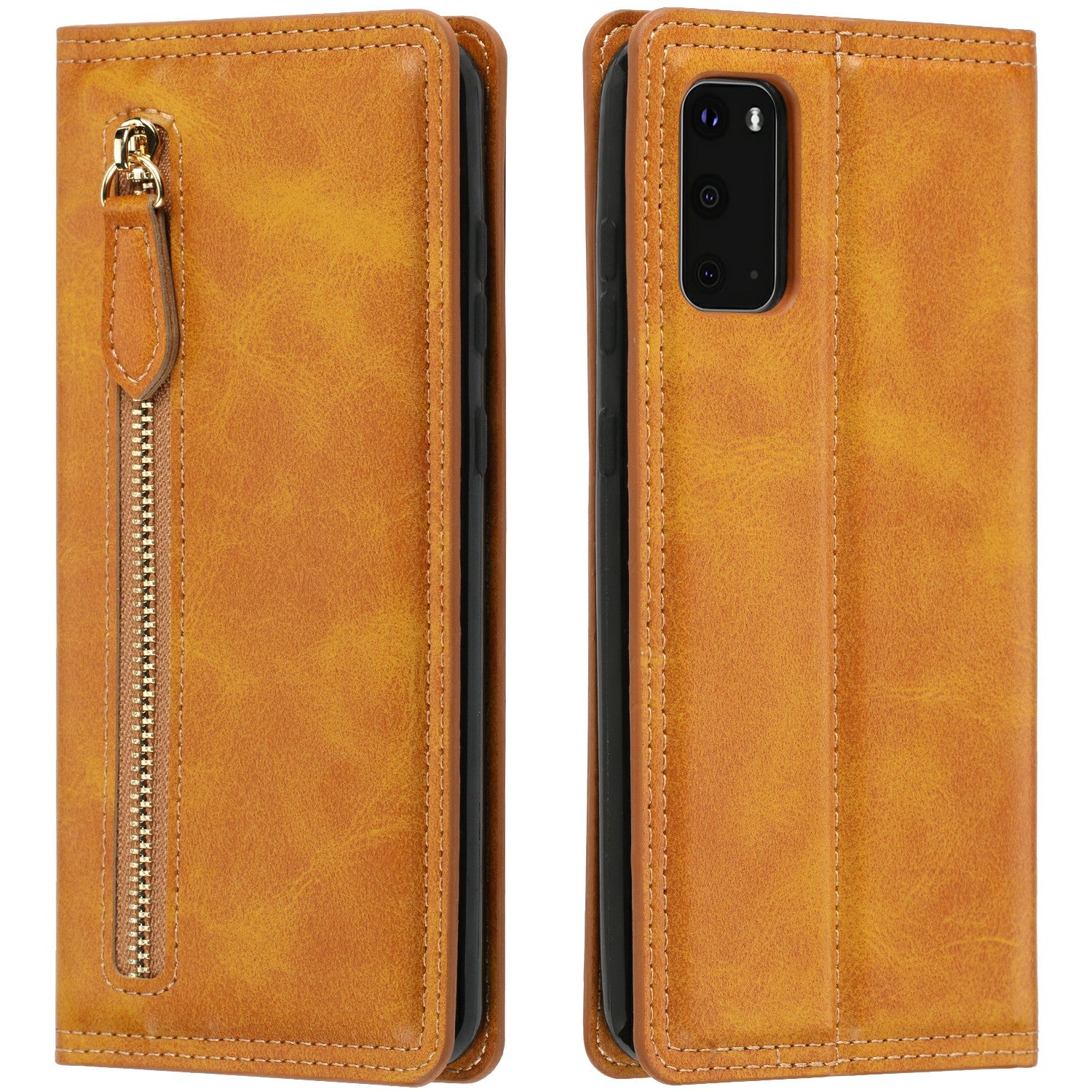 Zipper Pocket Wallet Leather Phone Cover Casing for Samsung Galaxy S20 4G/S20 5G - Brown