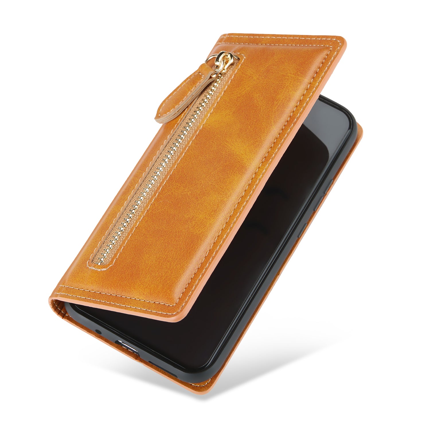 Zipper Pocket Wallet Leather Phone Cover Casing for Samsung Galaxy S20 4G/S20 5G - Brown