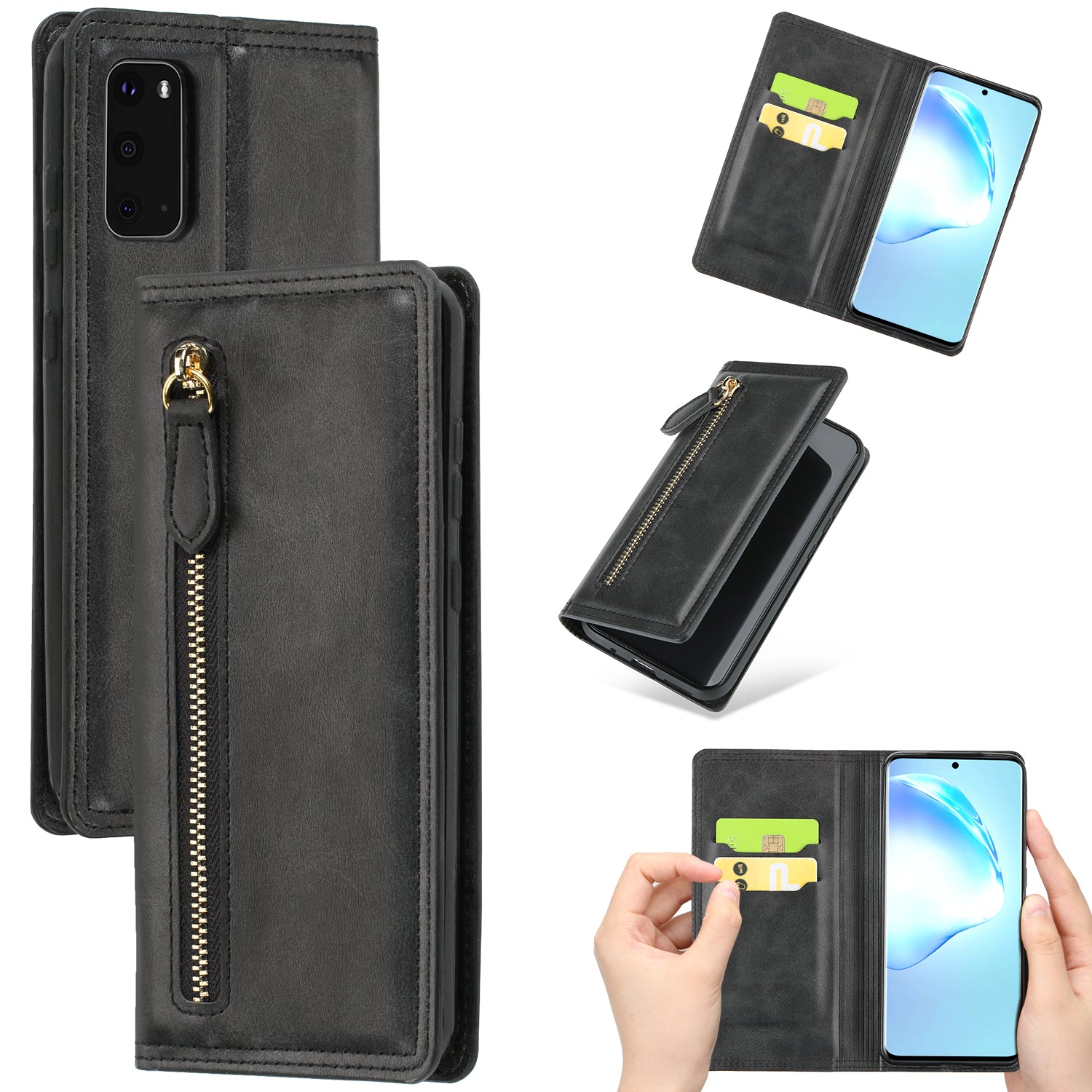 Zipper Pocket Wallet Leather Phone Cover Casing for Samsung Galaxy S20 4G/S20 5G - Black