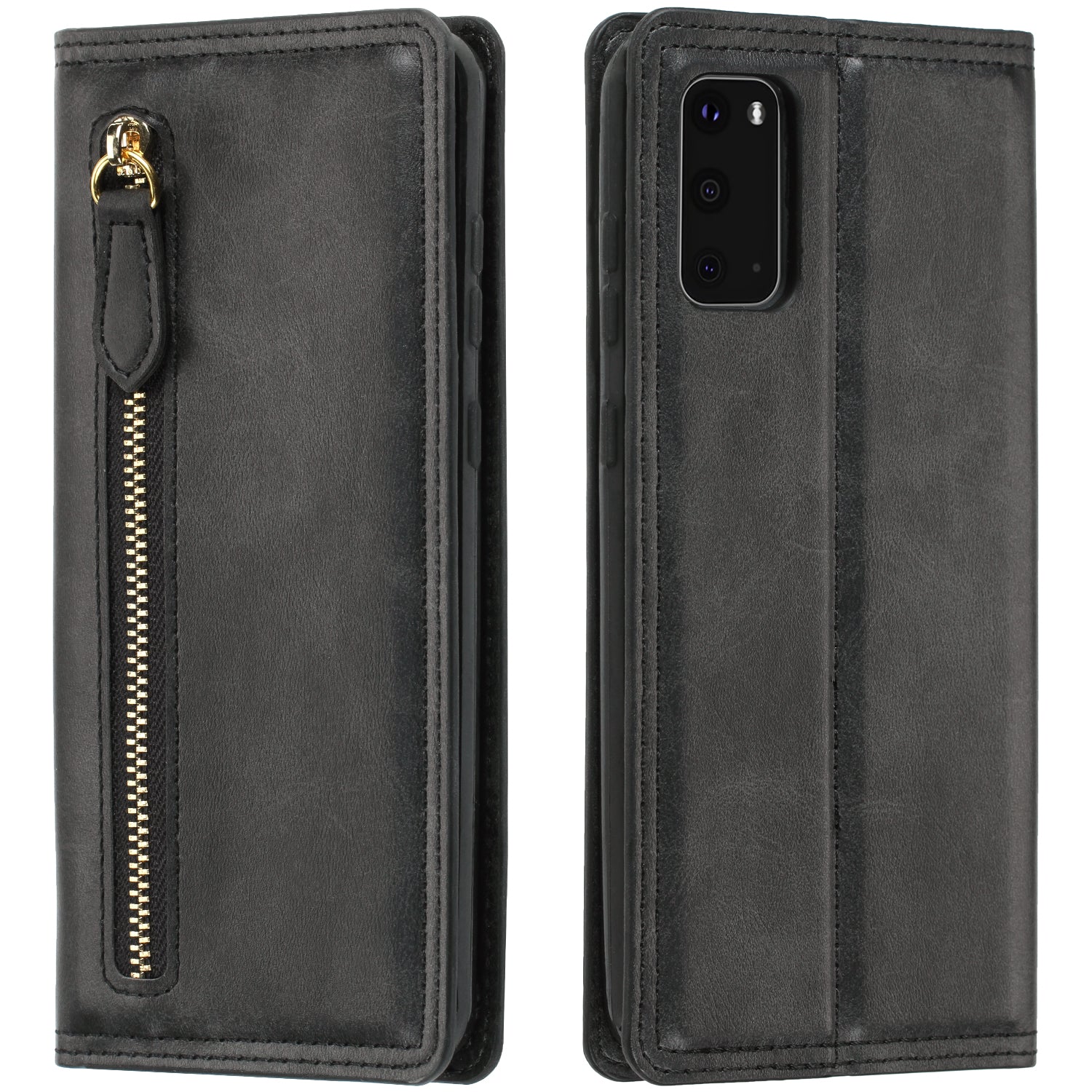 Zipper Pocket Wallet Leather Phone Cover Casing for Samsung Galaxy S20 4G/S20 5G - Black