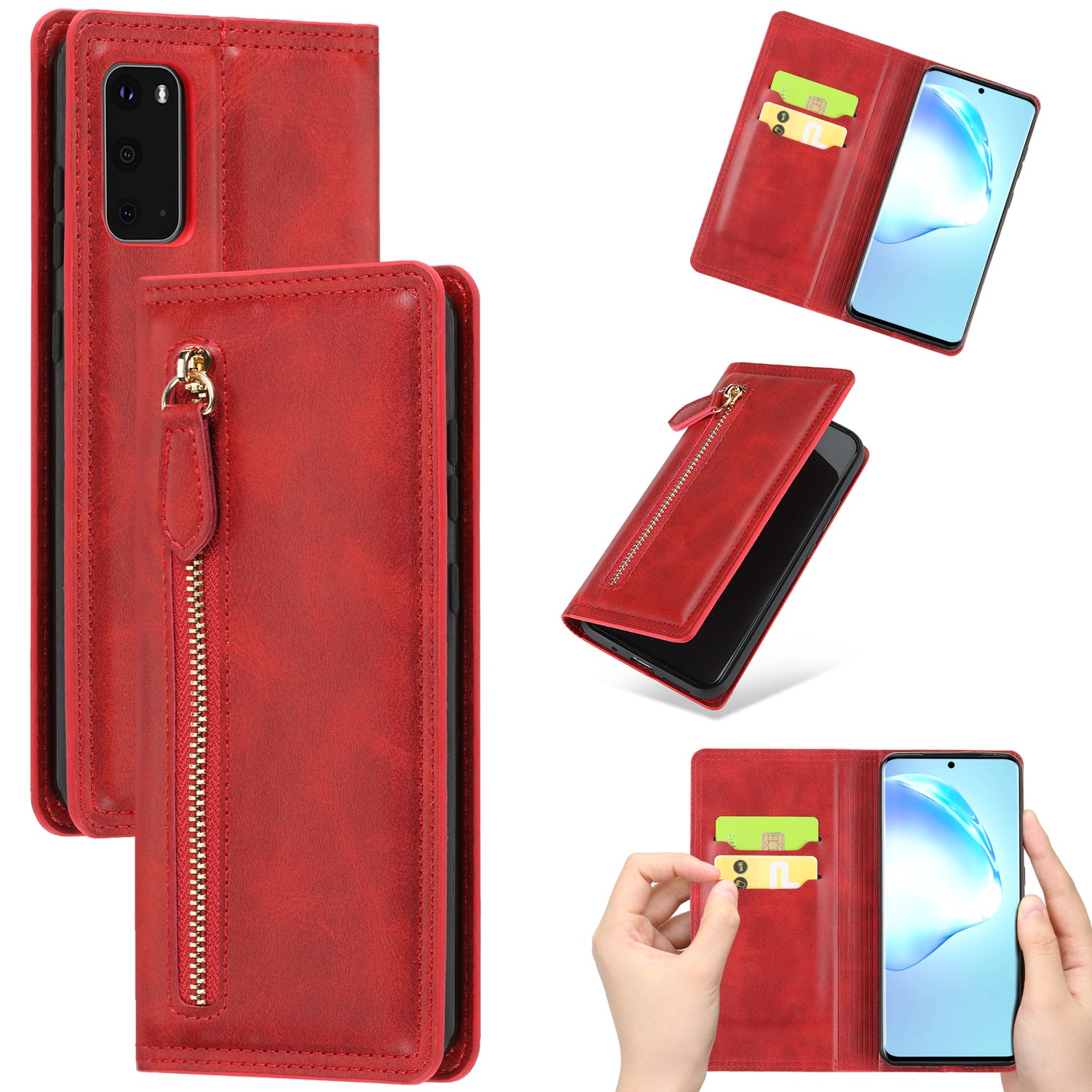 Zipper Pocket Wallet Leather Phone Cover Casing for Samsung Galaxy S20 4G/S20 5G - Red