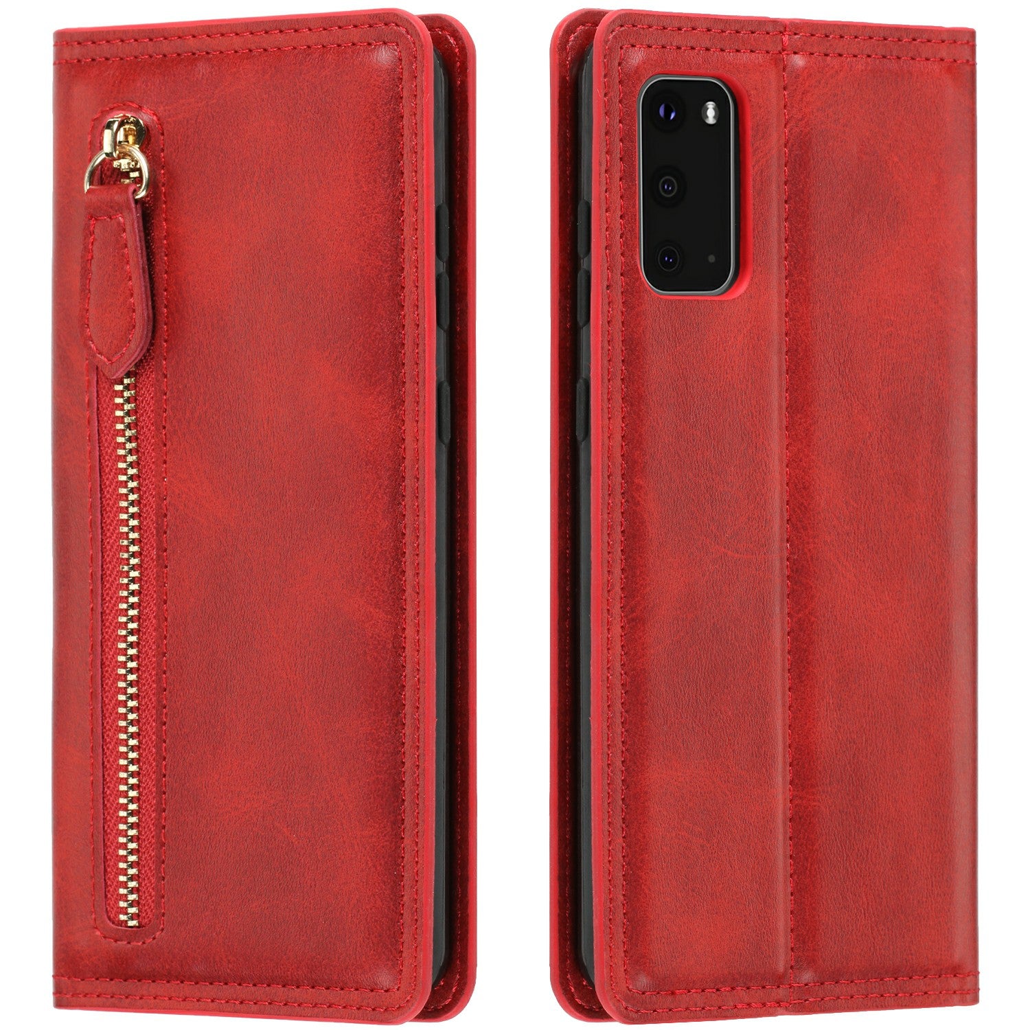 Zipper Pocket Wallet Leather Phone Cover Casing for Samsung Galaxy S20 4G/S20 5G - Red