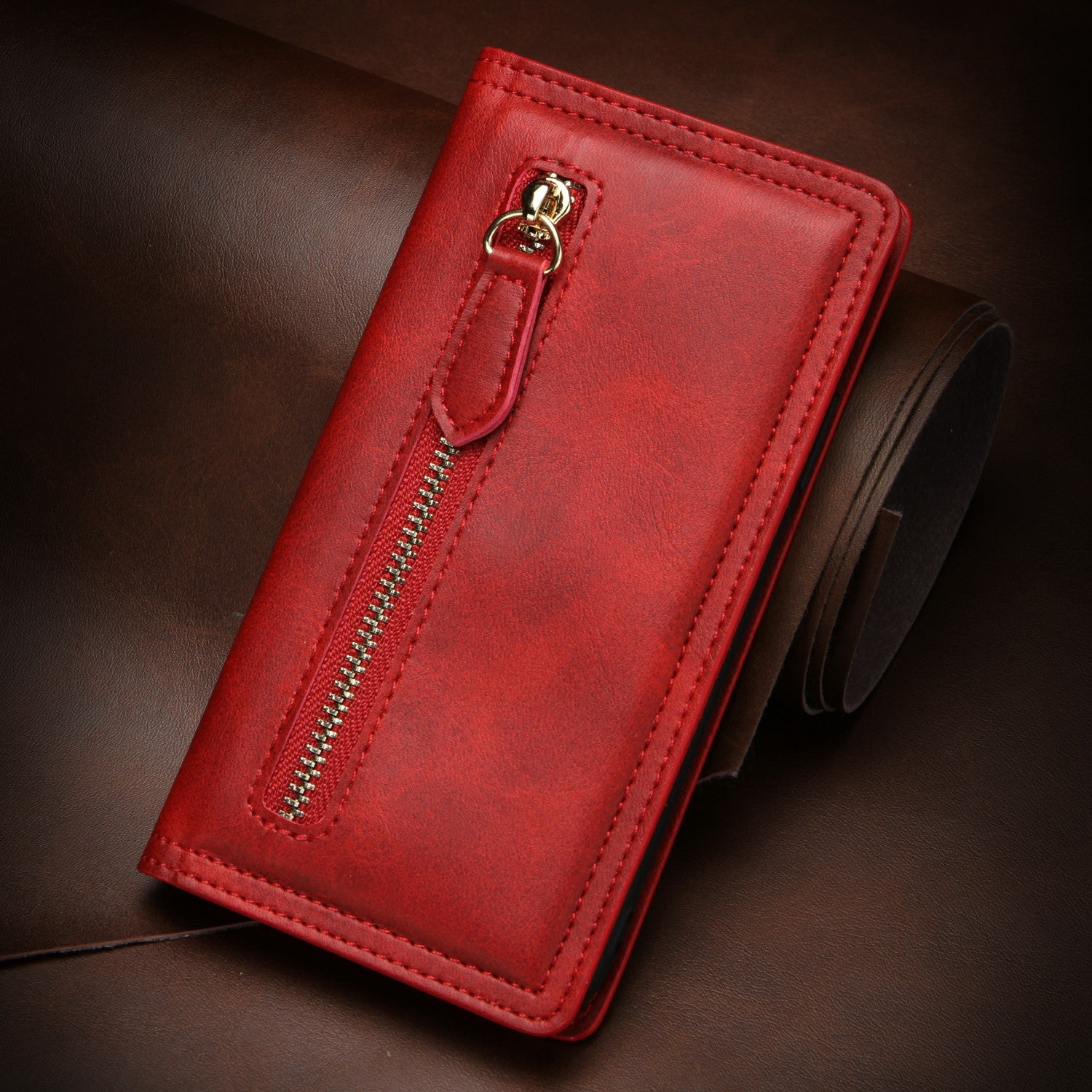 Zipper Pocket Wallet Leather Phone Cover Casing for Samsung Galaxy S20 4G/S20 5G - Red