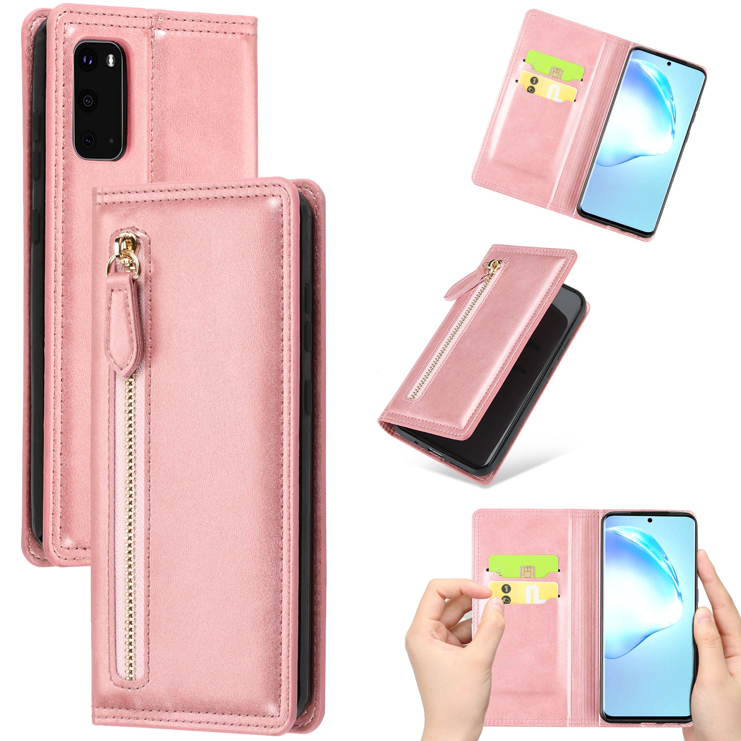 Zipper Pocket Wallet Leather Phone Cover Casing for Samsung Galaxy S20 4G/S20 5G - Rose Gold