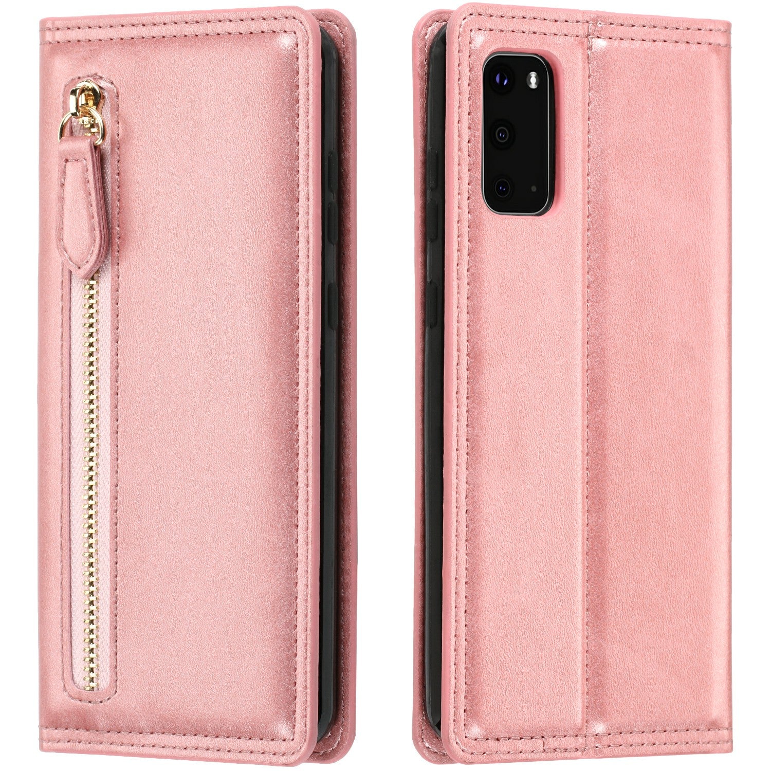 Zipper Pocket Wallet Leather Phone Cover Casing for Samsung Galaxy S20 4G/S20 5G - Rose Gold