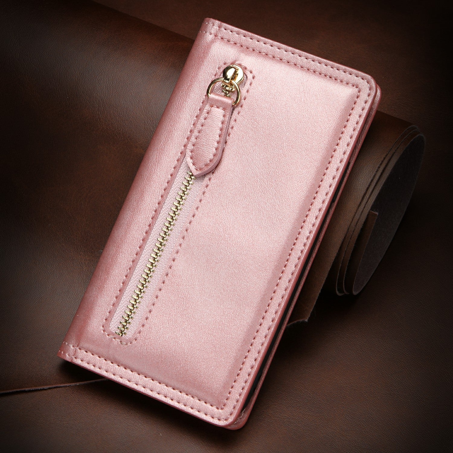 Zipper Pocket Wallet Leather Phone Cover Casing for Samsung Galaxy S20 4G/S20 5G - Rose Gold